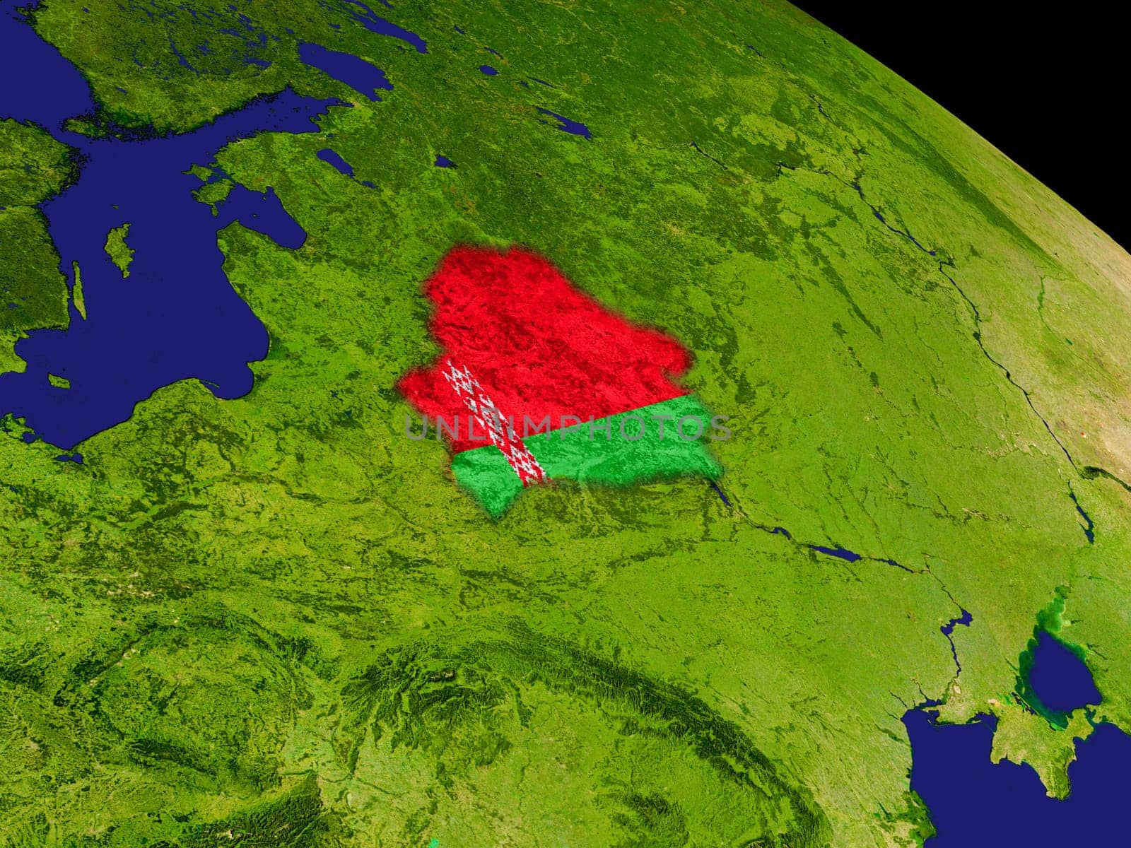 Map of Belarus with embedded flag on planet surface. 3D illustration. Elements of this image furnished by NASA.