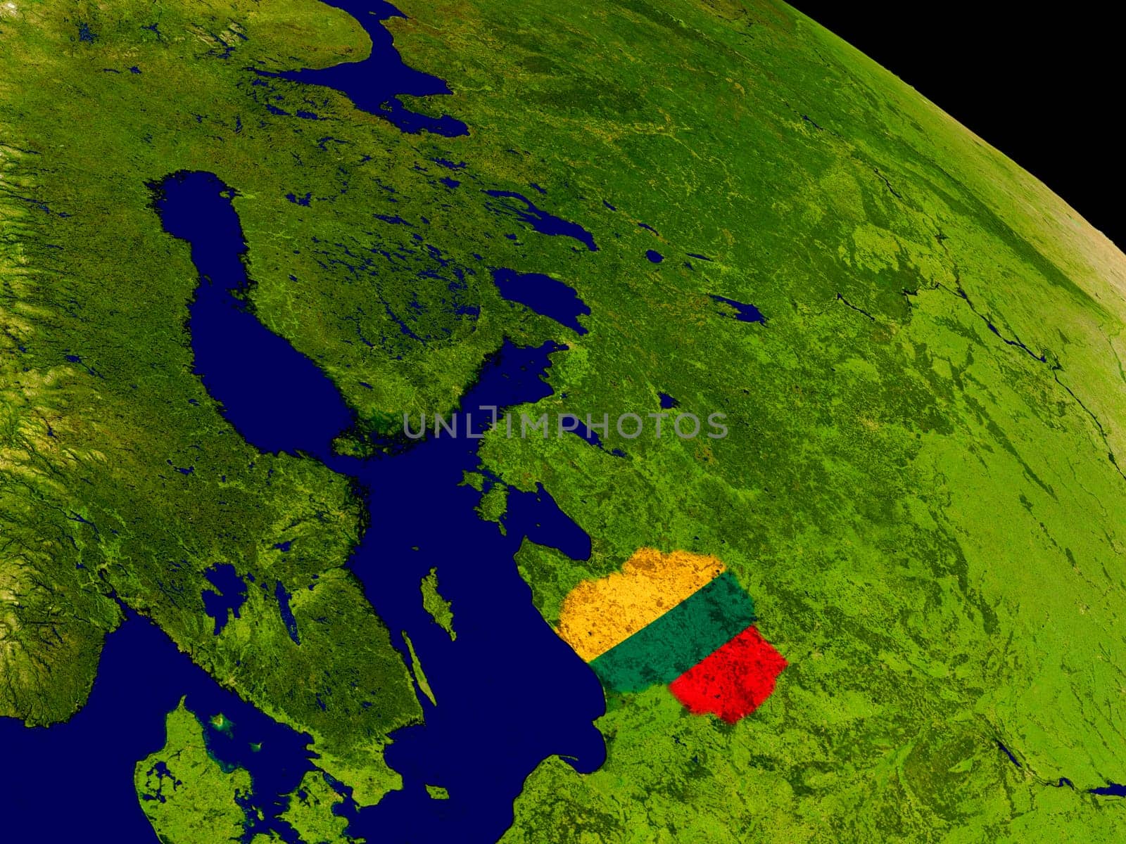 Map of Lithuania with embedded flag on planet surface. 3D illustration. Elements of this image furnished by NASA.