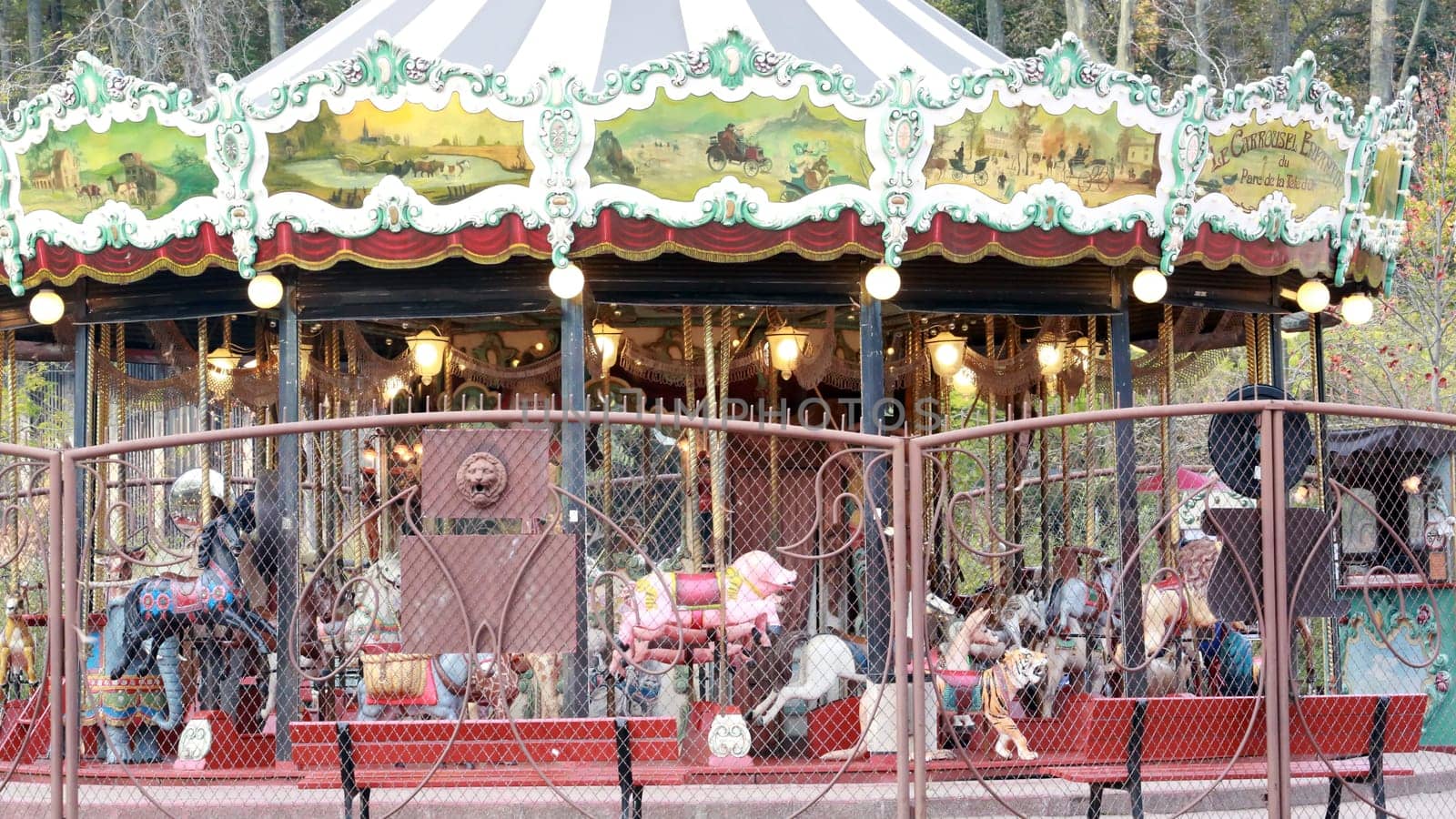 Lyon, France- November 4, 2016: Beautiful Carousel With Many Different Animals in City Park. Children on Merry-Go-Round in Lyon, France.