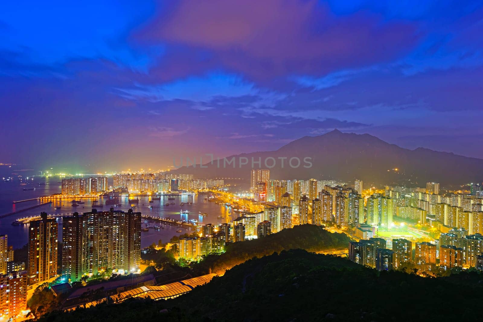 Hong Kong Tuen Mun skyline and South China sea at night