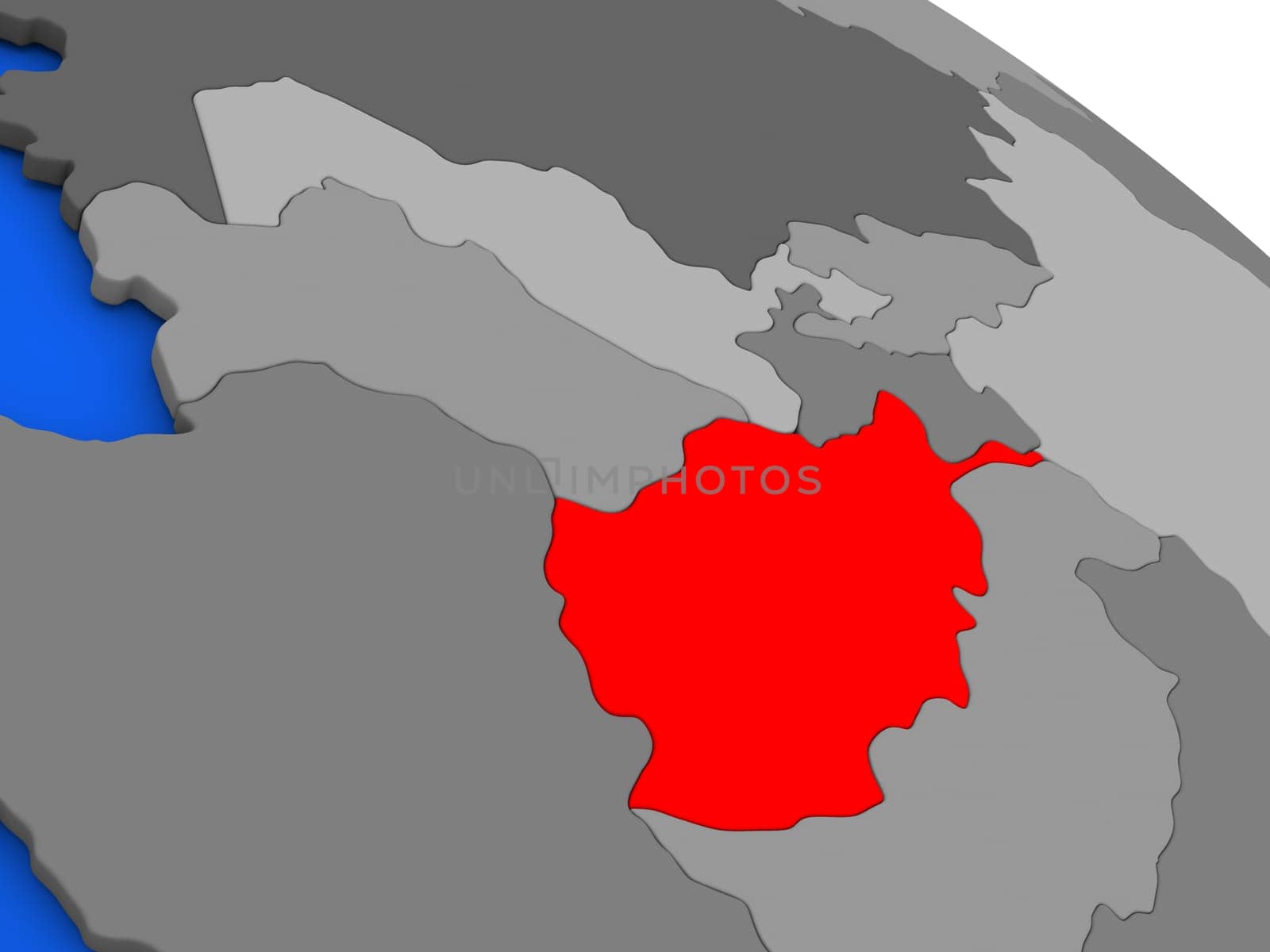 Map of Afghanistan highlighted in red on a globe. 3D illustration