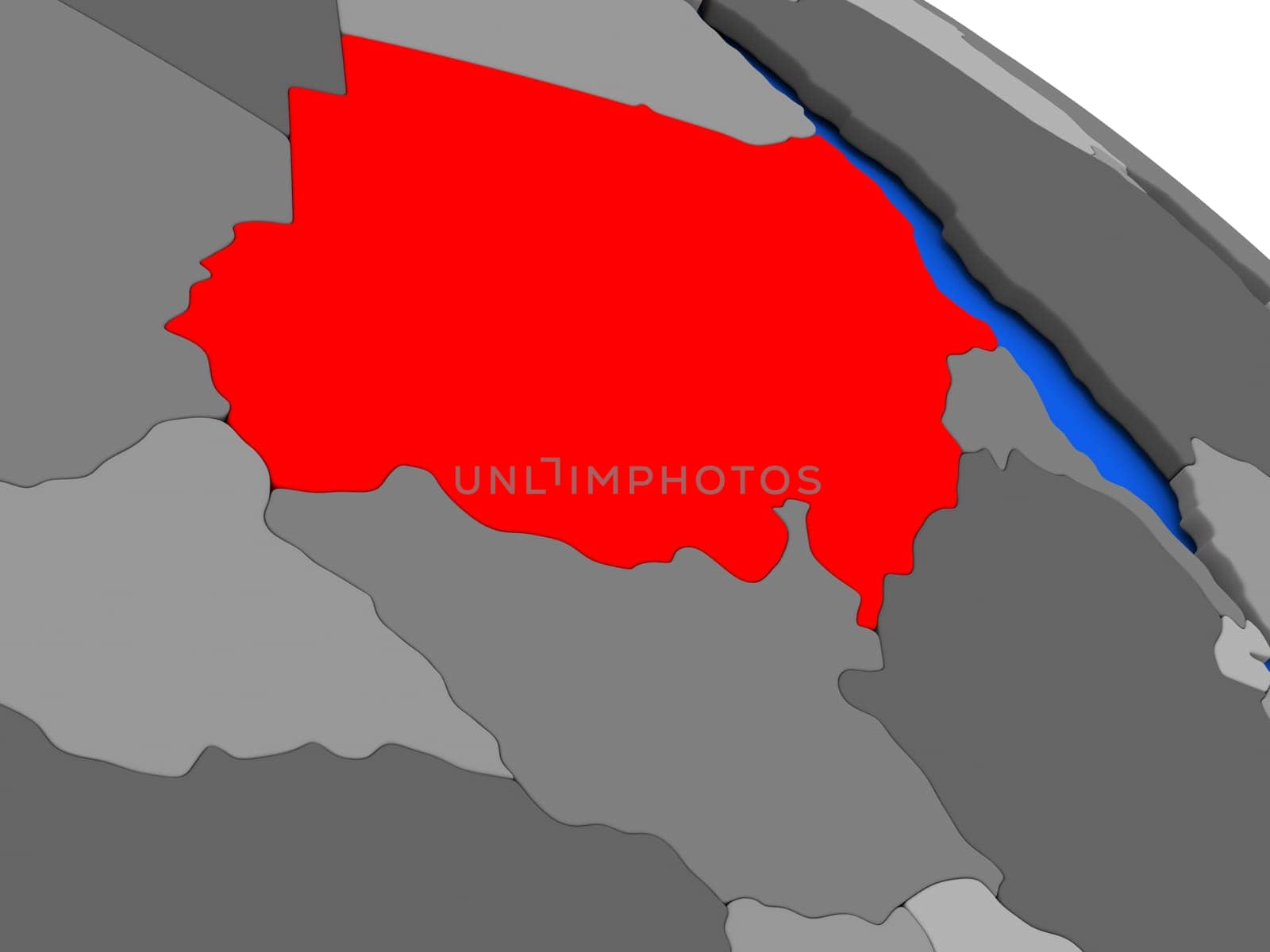 Map of Sudan highlighted in red on a globe. 3D illustration