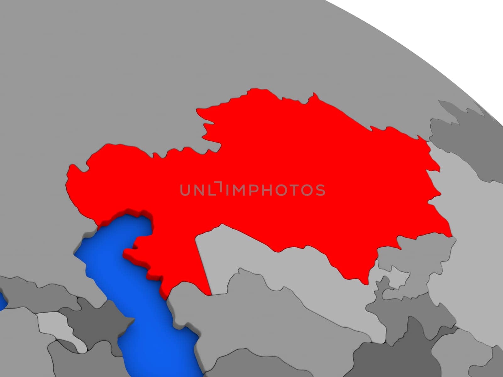 Map of Kazakhstan highlighted in red on a globe. 3D illustration