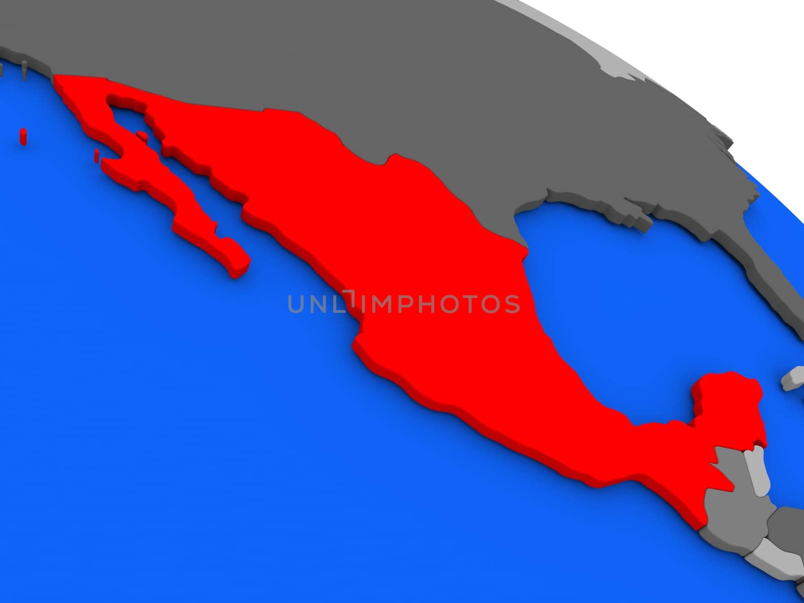 Map of Mexico highlighted in red on a globe. 3D illustration