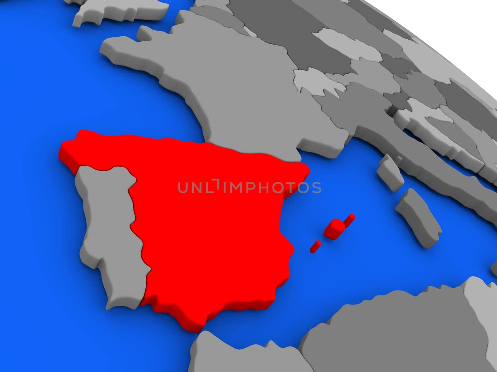 Map of Spain highlighted in red on a globe. 3D illustration
