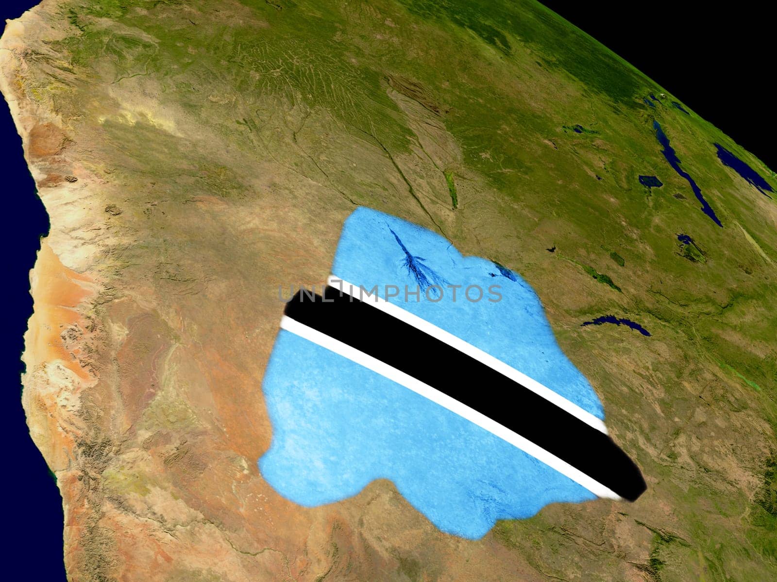 Map of Botswana with embedded flag on planet surface. 3D illustration. Elements of this image furnished by NASA.