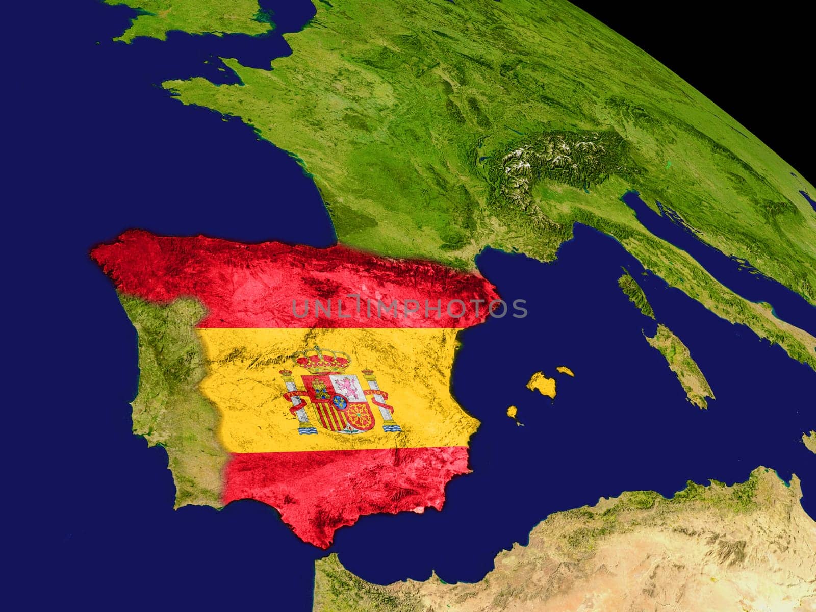 Map of Spain with embedded flag on planet surface. 3D illustration. Elements of this image furnished by NASA.