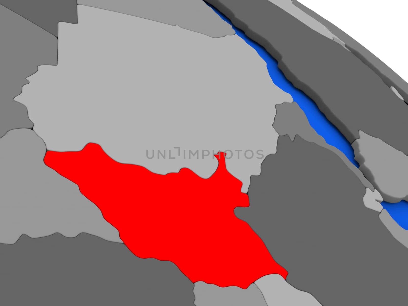 Map of South Sudan highlighted in red on a globe. 3D illustration