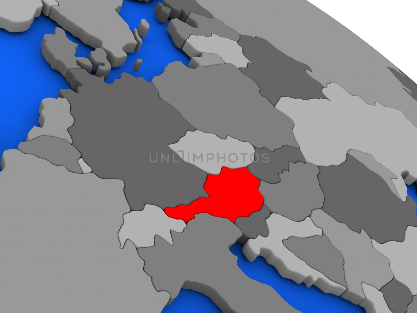 Map of Austria highlighted in red on a globe. 3D illustration