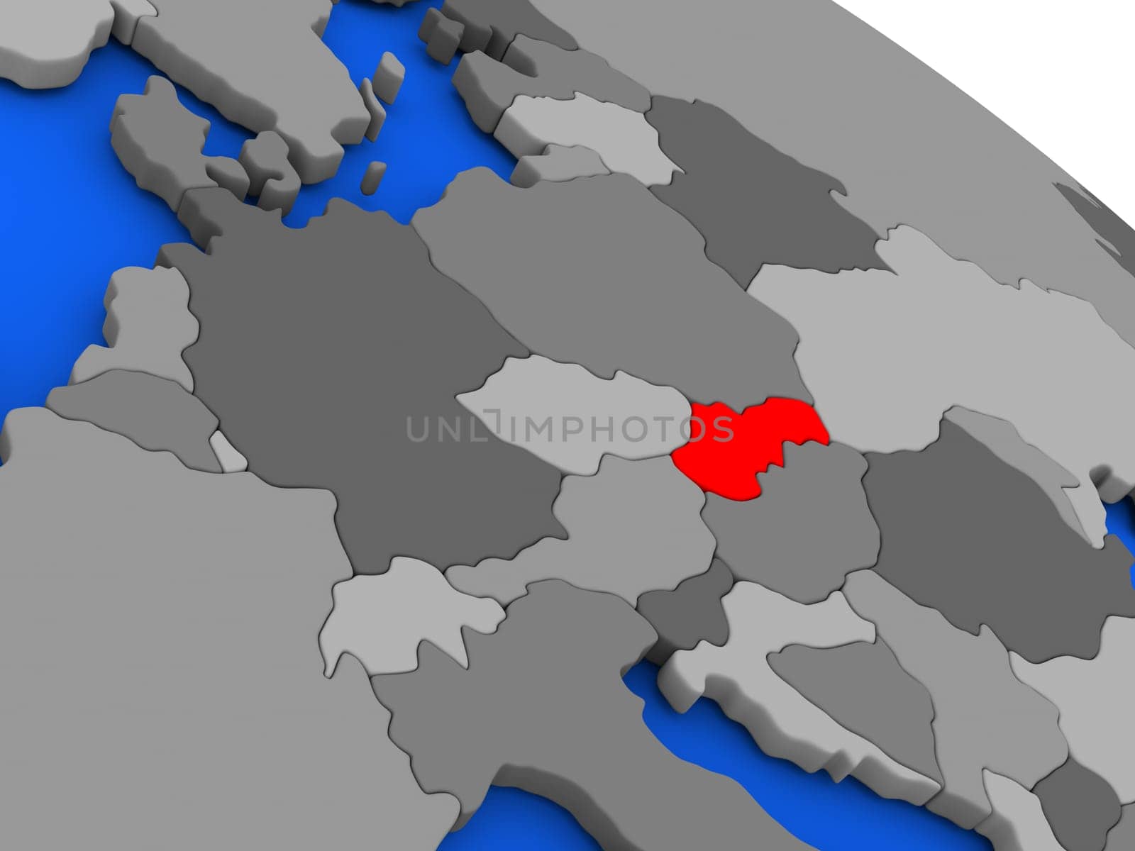Map of Slovakia highlighted in red on a globe. 3D illustration