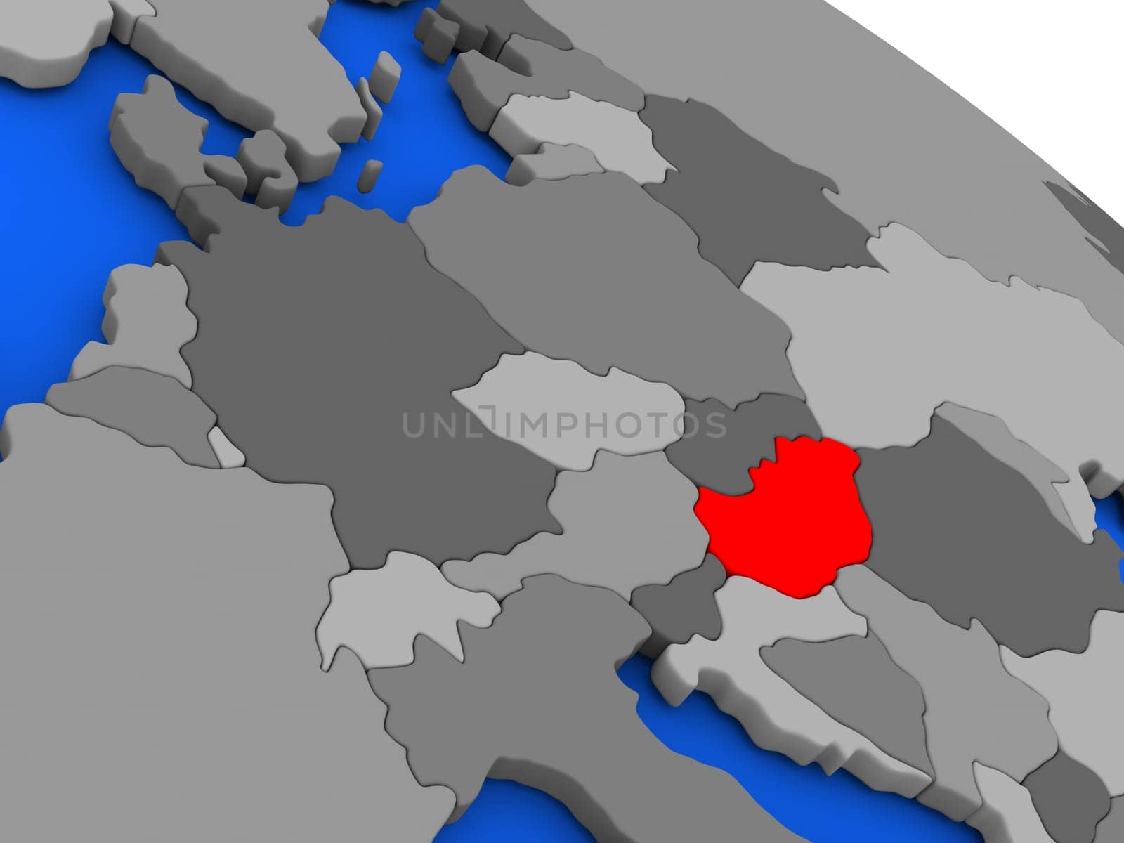 Map of Hungary highlighted in red on a globe. 3D illustration
