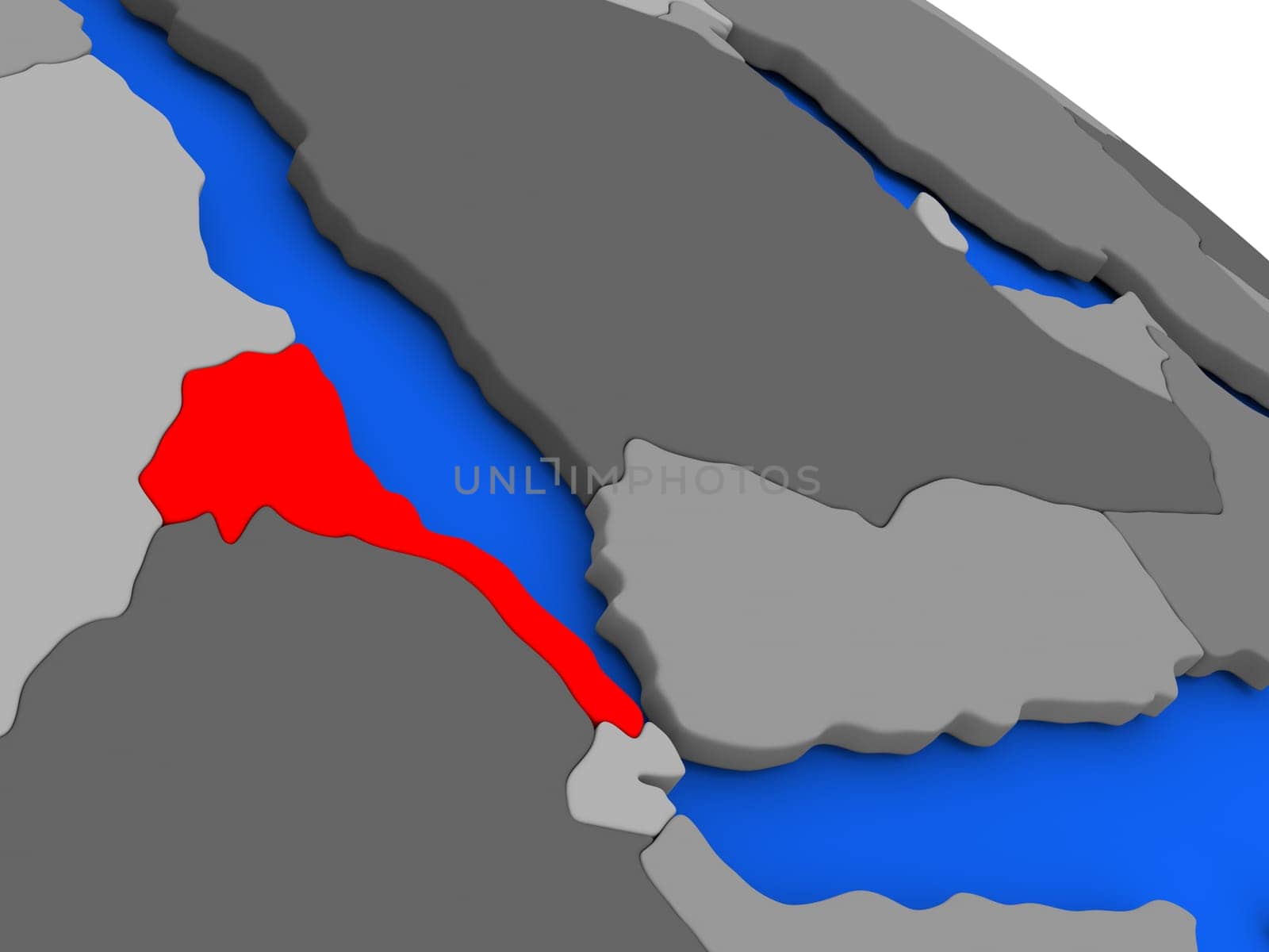 Map of Eritrea highlighted in red on a globe. 3D illustration