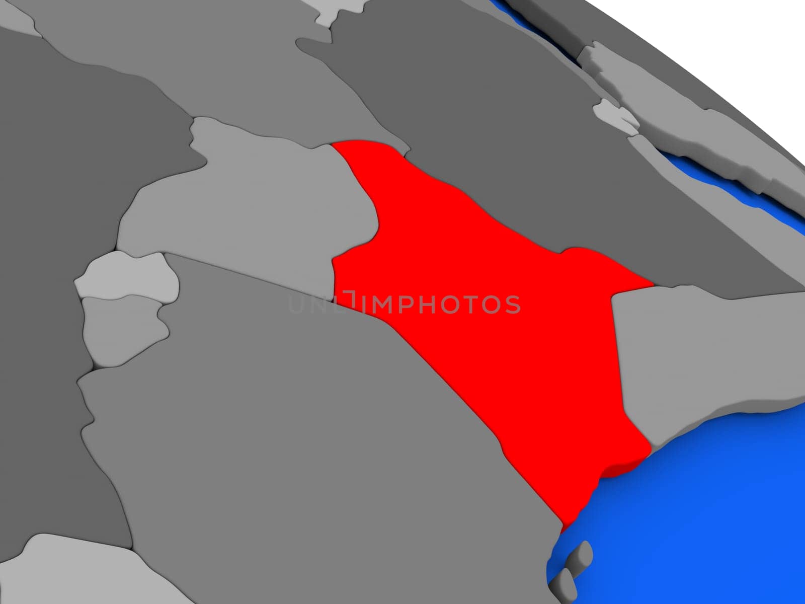Map of Kenya highlighted in red on a globe. 3D illustration