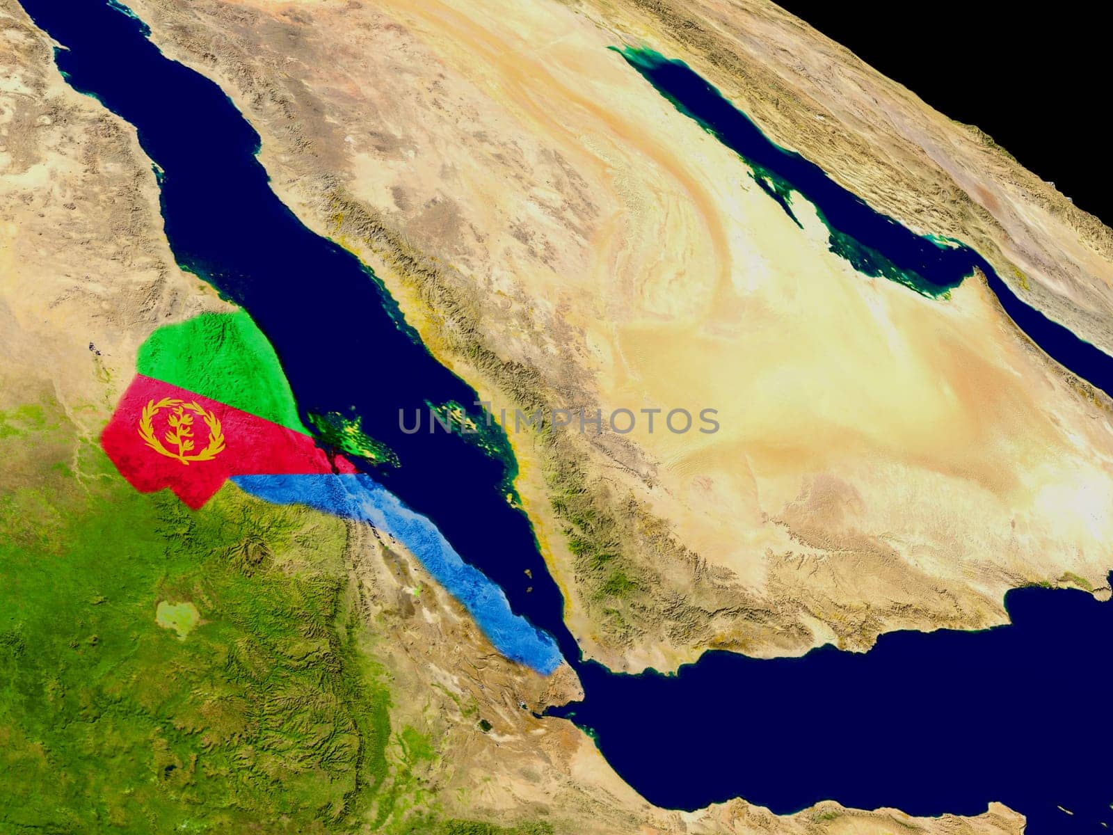 Map of Eritrea with embedded flag on planet surface. 3D illustration. Elements of this image furnished by NASA.