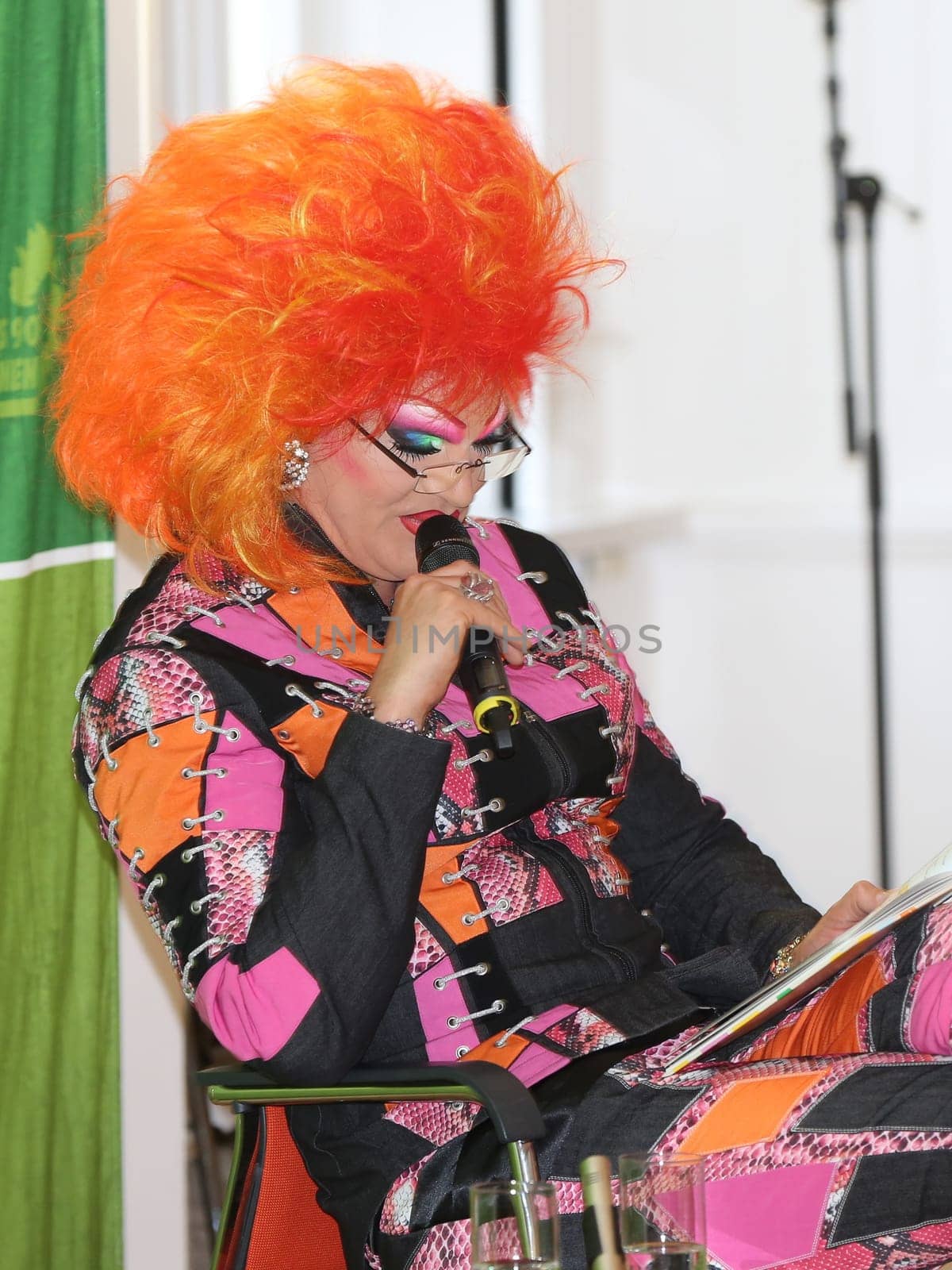 Travesty artist Olivia Jones during a reading from her book -No fear in Andersrum- in Magdeburg in the state cafeteria of Saxony-Anhalt at the Bündnis 90 parliamentary group -The Greens
