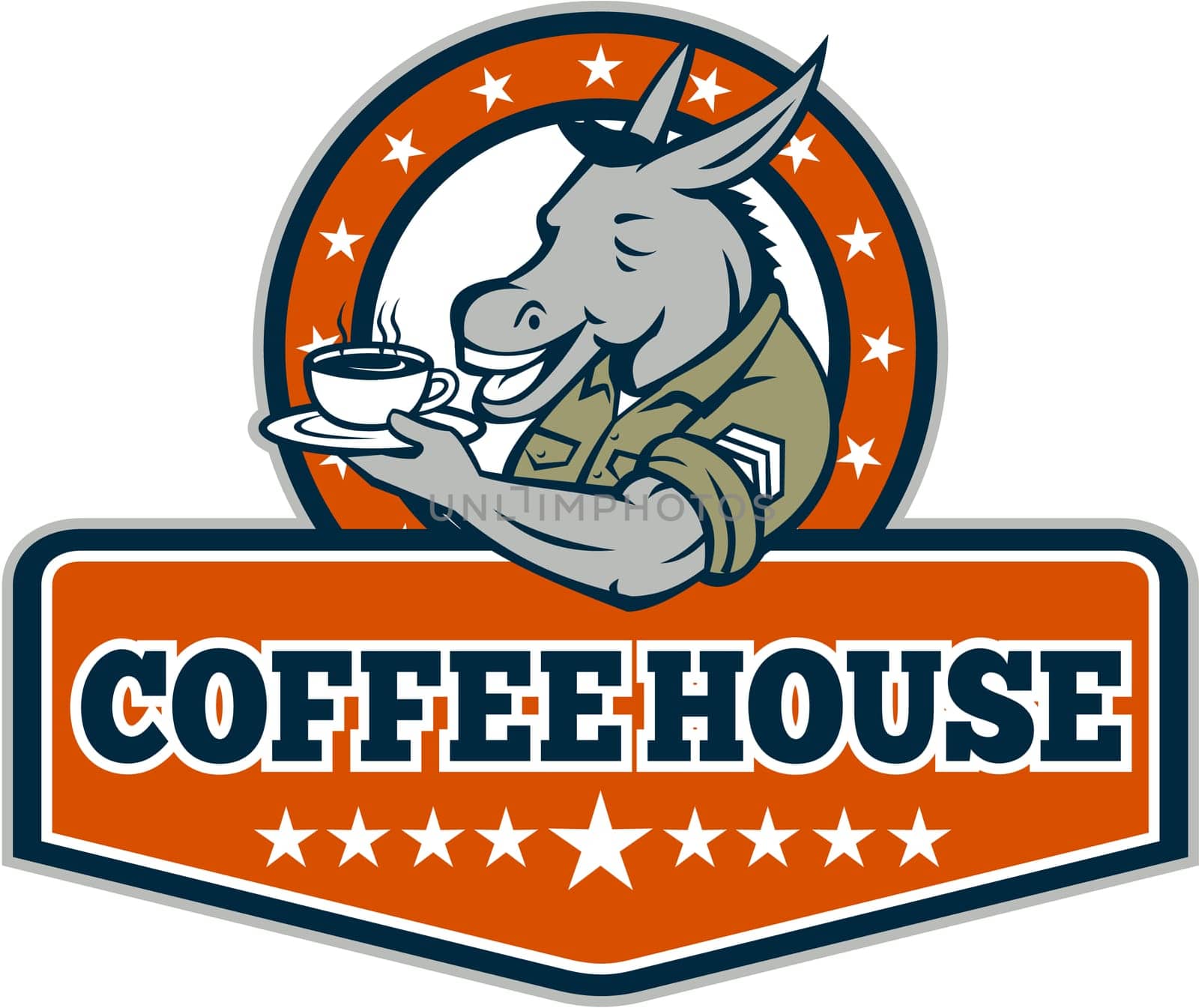 Illustration of a donkey army sergeant smiling holding cup and saucer drinking coffee viewed from the side set inside circle with stars and the word text Coffee House inside shield crest done in cartoon style.
