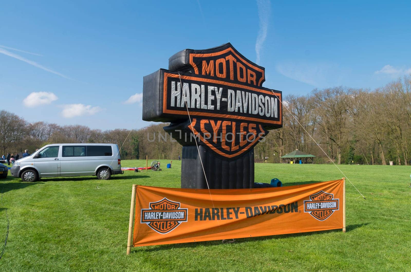 OLDENZAAL, NETHERLANDS - APRIL 10, 2016: Harley-Davidson banner and inflatable logo on the annual Hulsbeek day in the netherlands