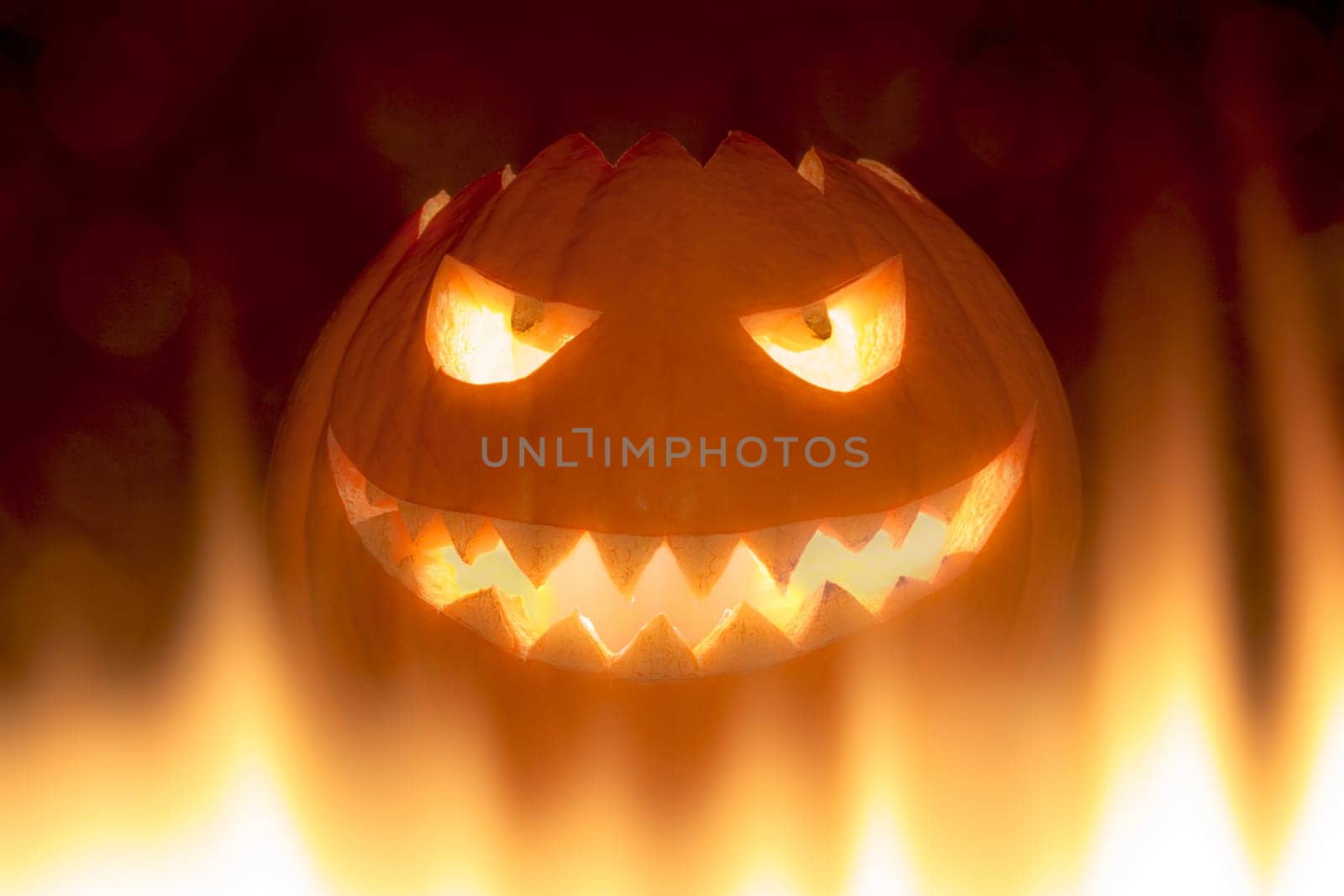 The big Helloween pumpkin has a face that laughs and is cheeky with shining eyes and a mouth with pointed teeth. Perspective from below in burning flames.