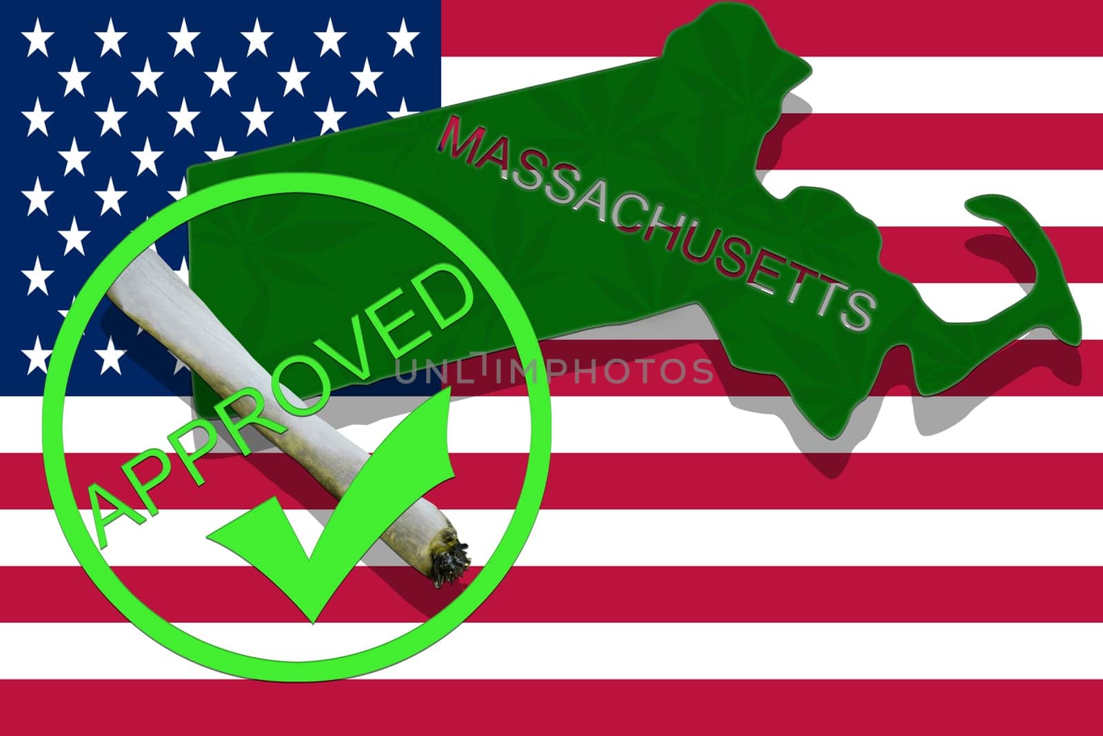 massachusetts on cannabis background. drug policy. legalization of marijuana on usa flag