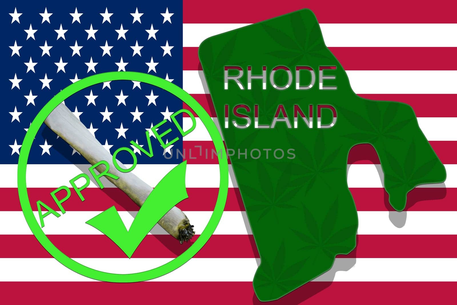 rhode island state on cannabis background. drug policy. legalization of marijuana on usa flag