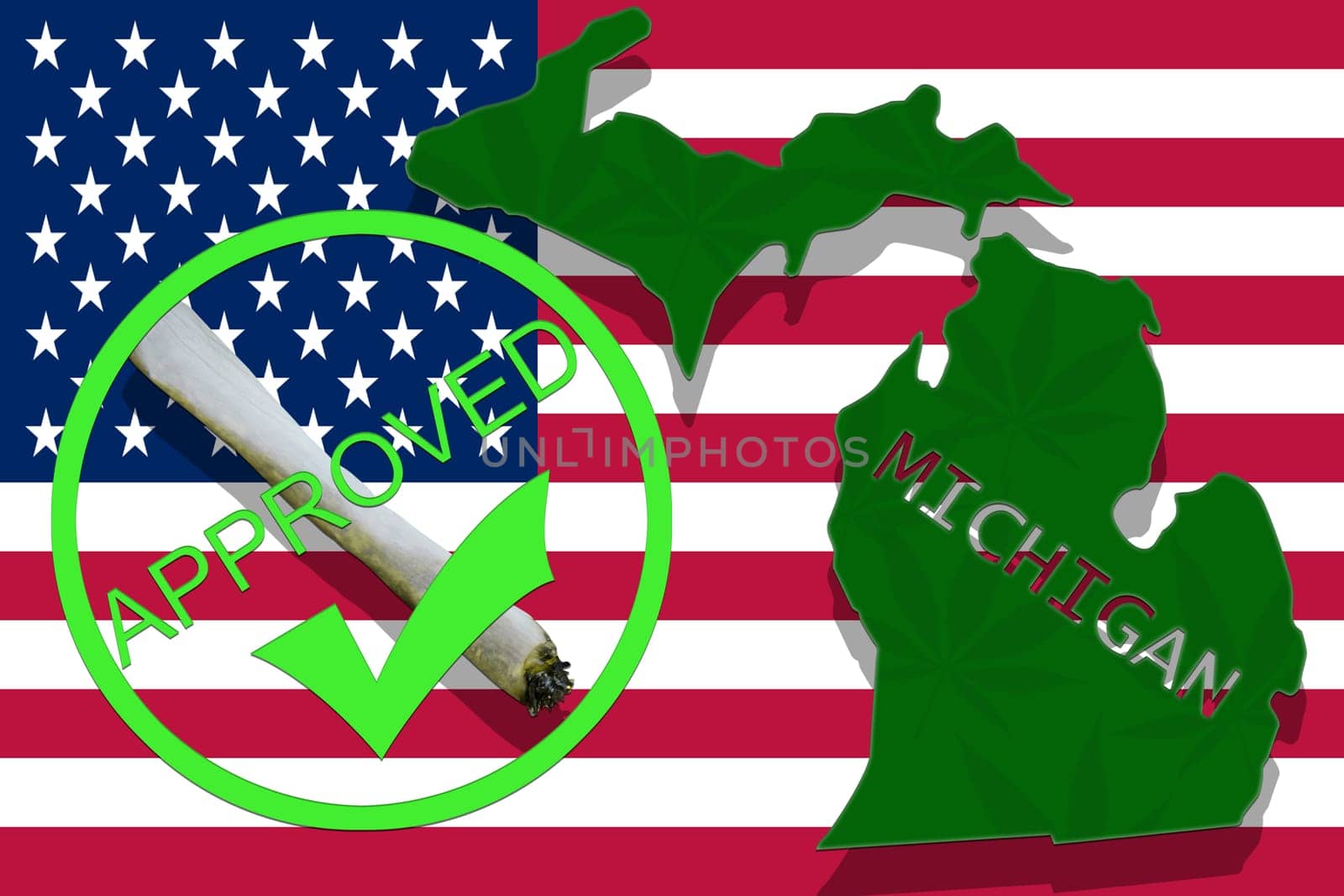 michigan on cannabis background. drug policy. legalization of marijuana on usa flag