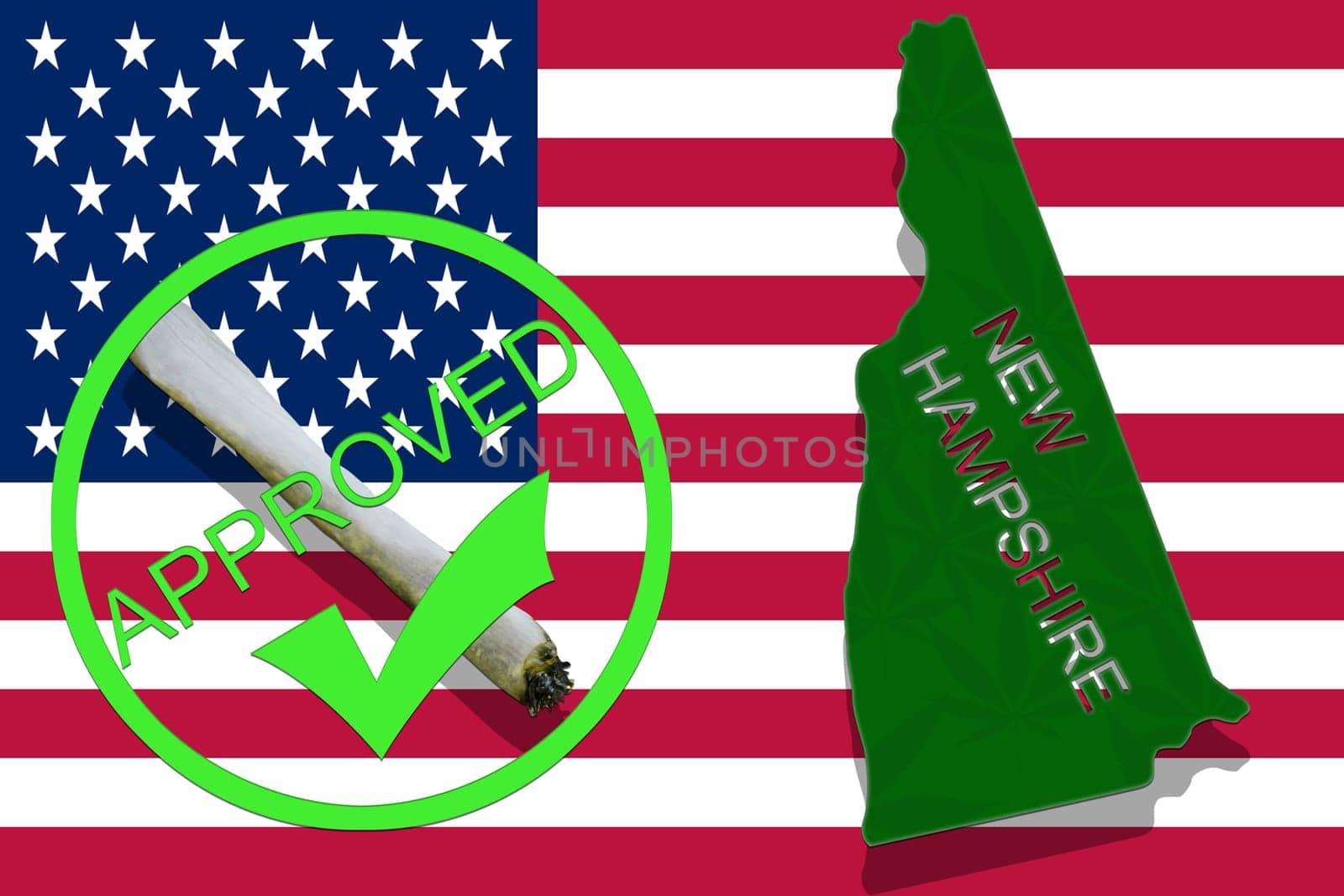 new hampshire state on cannabis background. drug policy. legalization of marijuana on usa flag