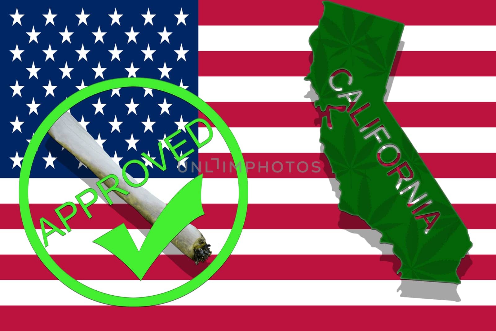 california on cannabis background. drug policy. legalization of marijuana on usa flag