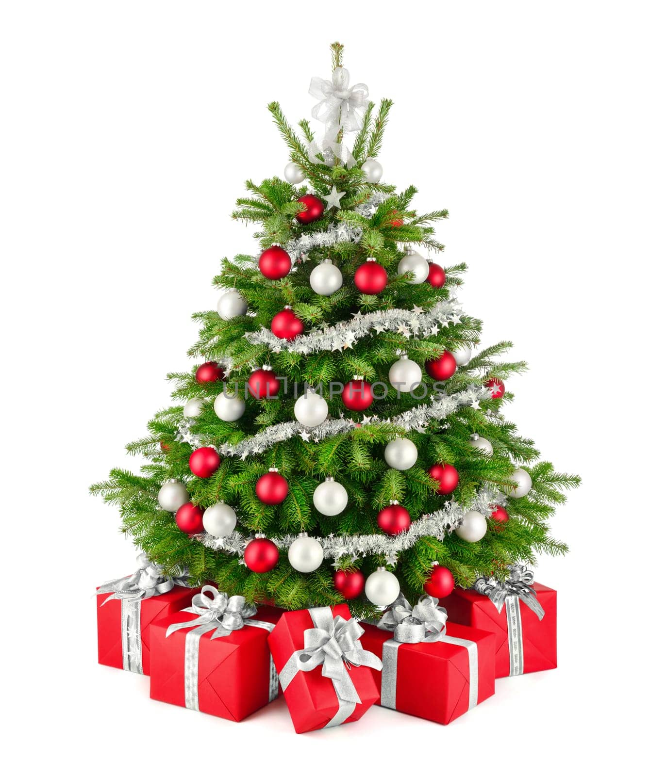 Gorgeous natural Christmas tree with red,white and silver ornaments and matching gift boxes,studio isolated on white background