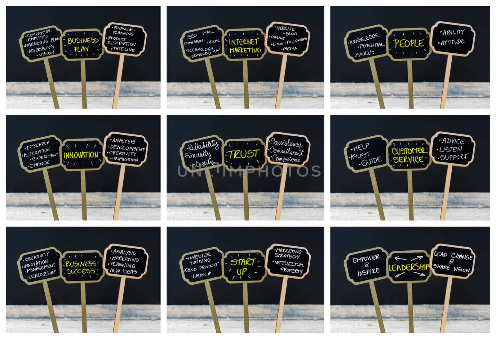 Photo collage of concept messages written with chalk on wooden mini blackboard labels and light bulb as symbol for idea, defocused chalkboard and wood table in background