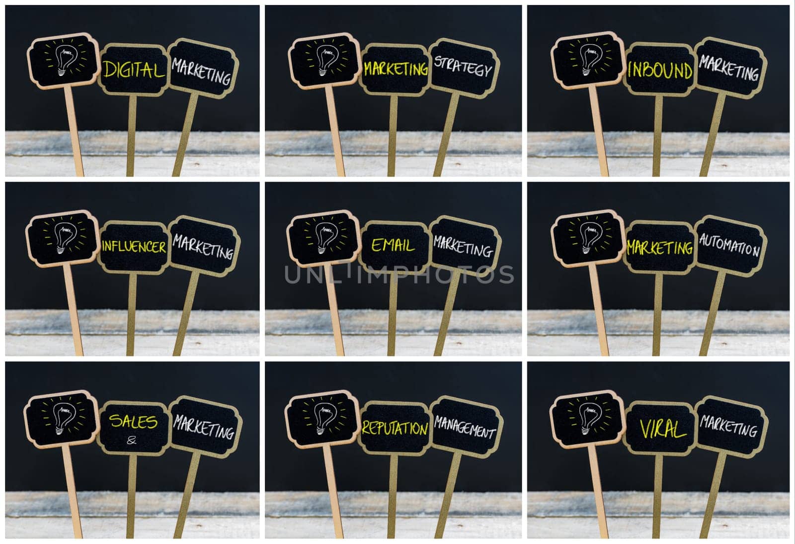 Photo collage of concept messages written with chalk on wooden mini blackboard labels and light bulb as symbol for idea, defocused chalkboard and wood table in background