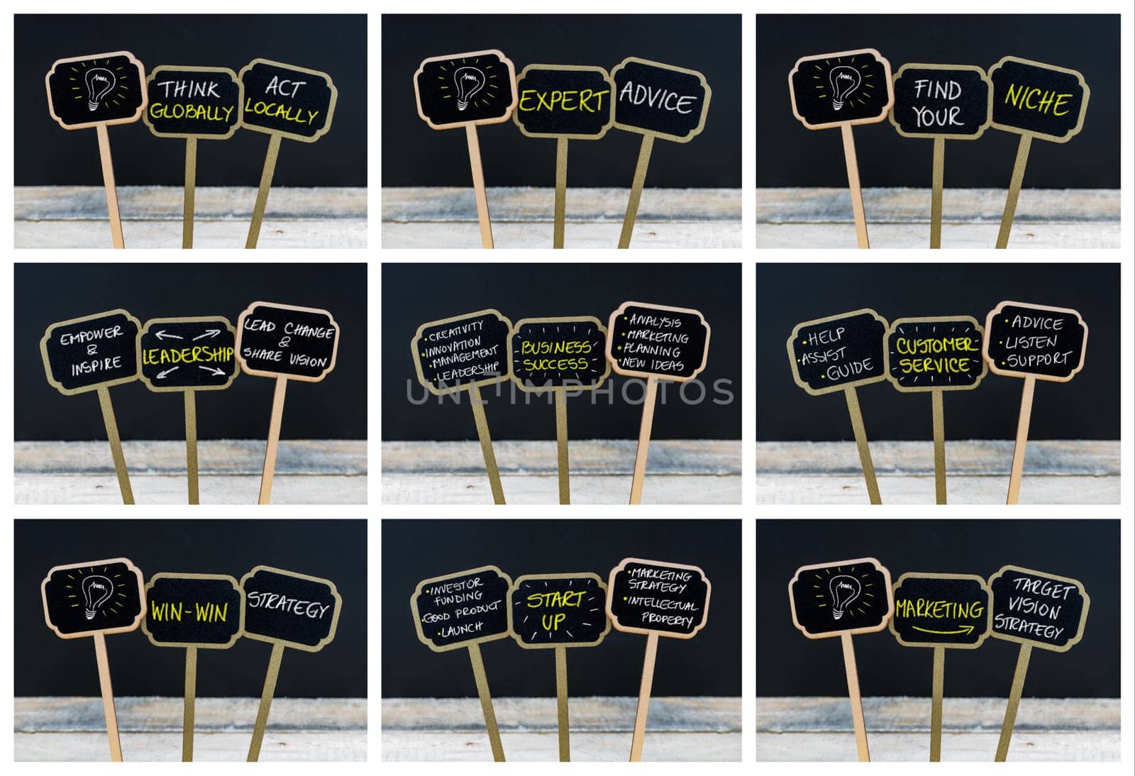 Photo collage of concept messages written with chalk on wooden mini blackboard labels and light bulb as symbol for idea, defocused chalkboard and wood table in background