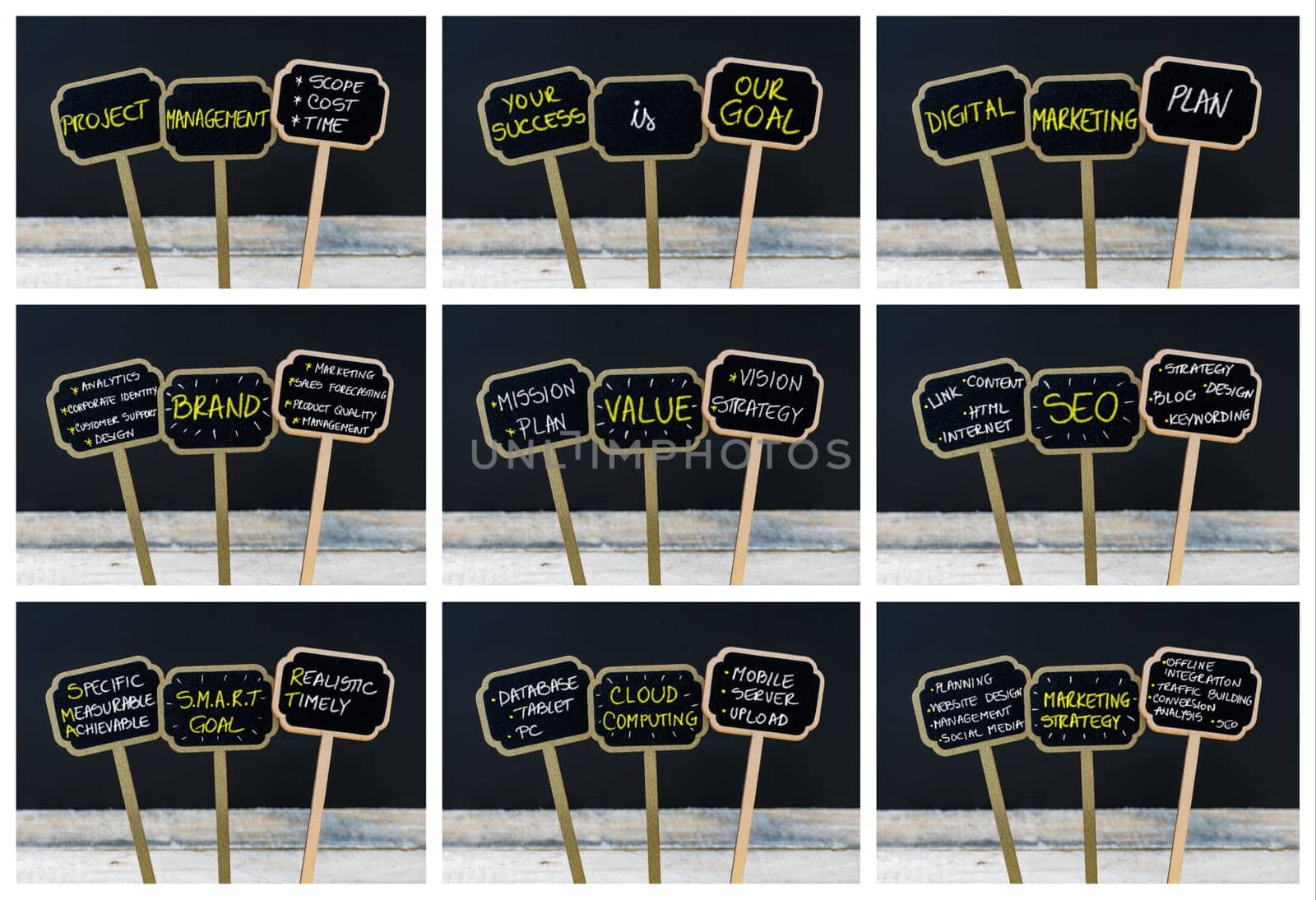 Photo collage of concept messages written with chalk on wooden mini blackboard labels and light bulb as symbol for idea, defocused chalkboard and wood table in background