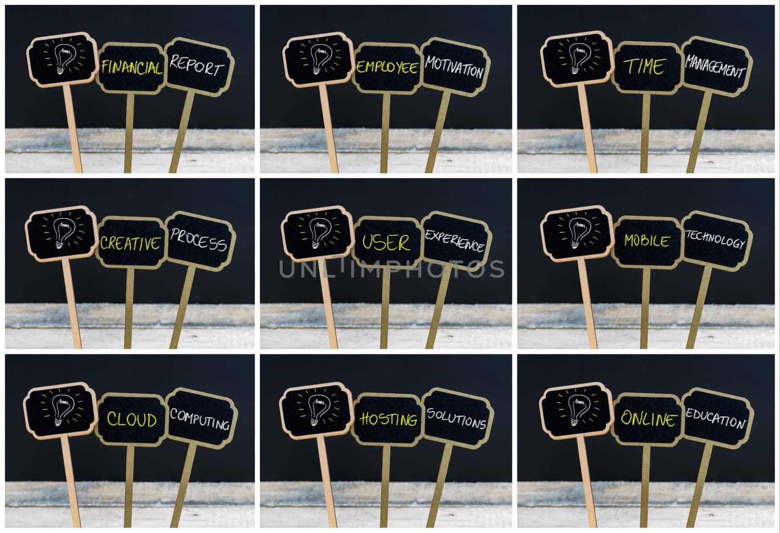Photo collage of concept messages written with chalk on wooden mini blackboard labels and light bulb as symbol for idea, defocused chalkboard and wood table in background