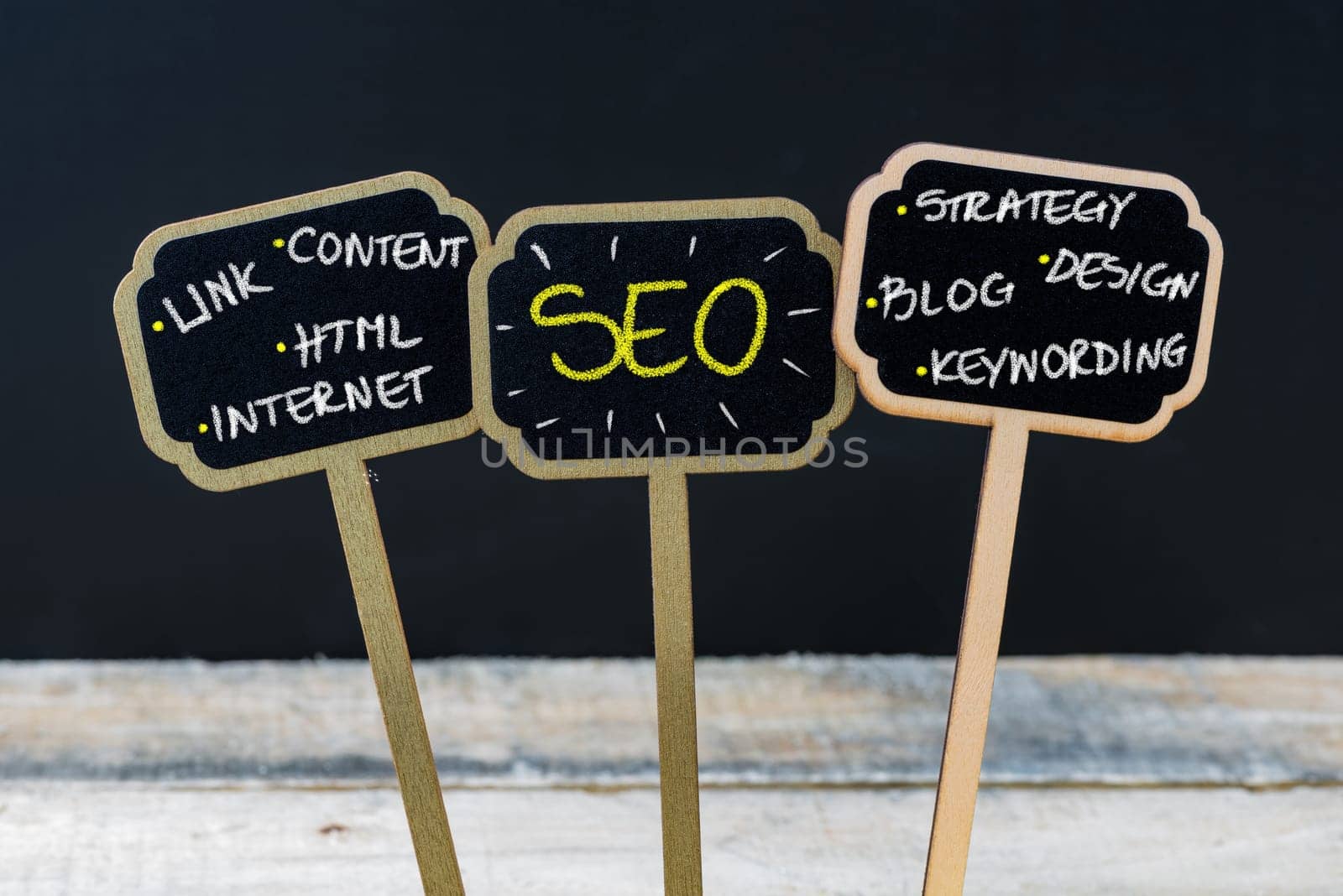 Concept message SEO as Search Engine Optimization written with chalk on wooden mini blackboard labels, defocused chalkboard and wood table in background
