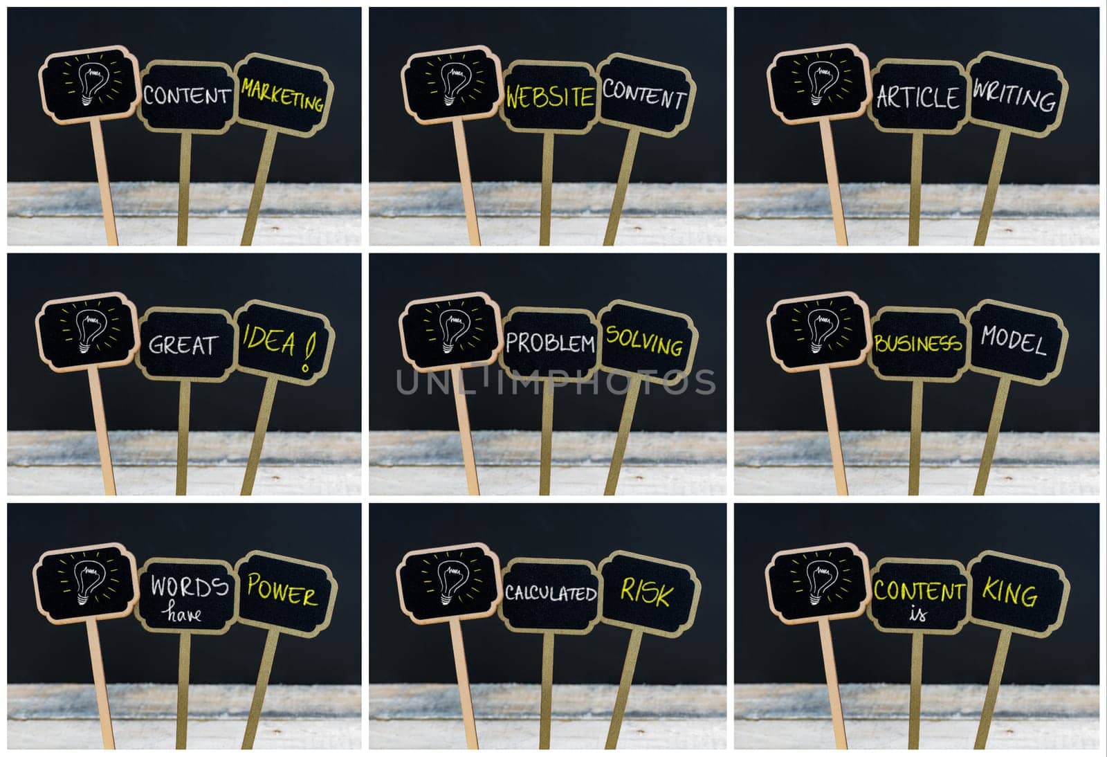 Photo collage of concept messages written with chalk on wooden mini blackboard labels and light bulb as symbol for idea, defocused chalkboard and wood table in background