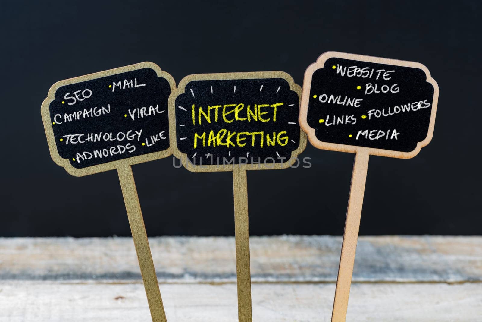 Concept message INTERNET MARKETING written with chalk on wooden mini blackboard labels, defocused chalkboard and wood table in background