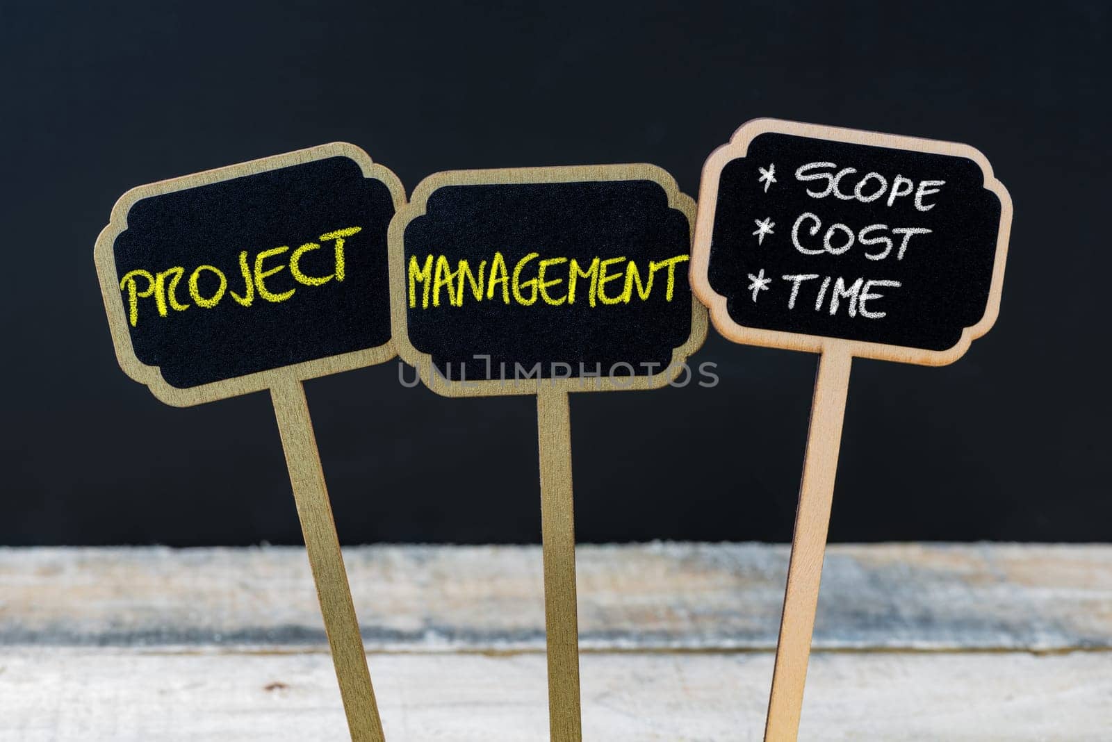 Concept message PROJECT MANAGEMENT - SCOPE, COST, TIME written with chalk on wooden mini blackboard labels, defocused chalkboard and wood table in background
