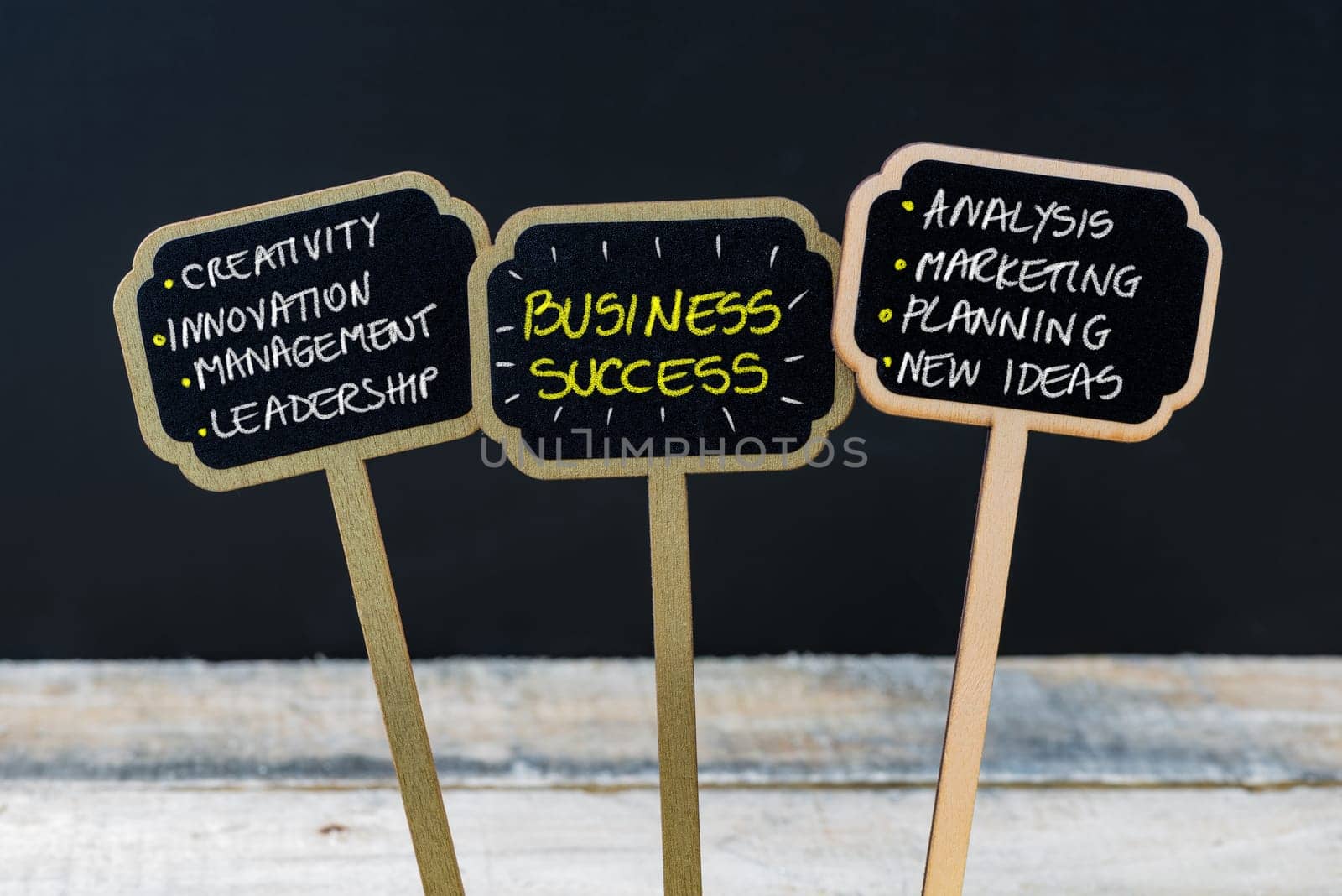 Concept message BUSINESS SUCCESS written with chalk on wooden mini blackboard labels, defocused chalkboard and wood table in background