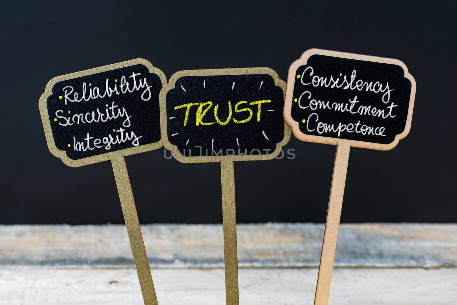 Concept message TRUST written with chalk on wooden mini blackboard labels, defocused chalkboard and wood table in background