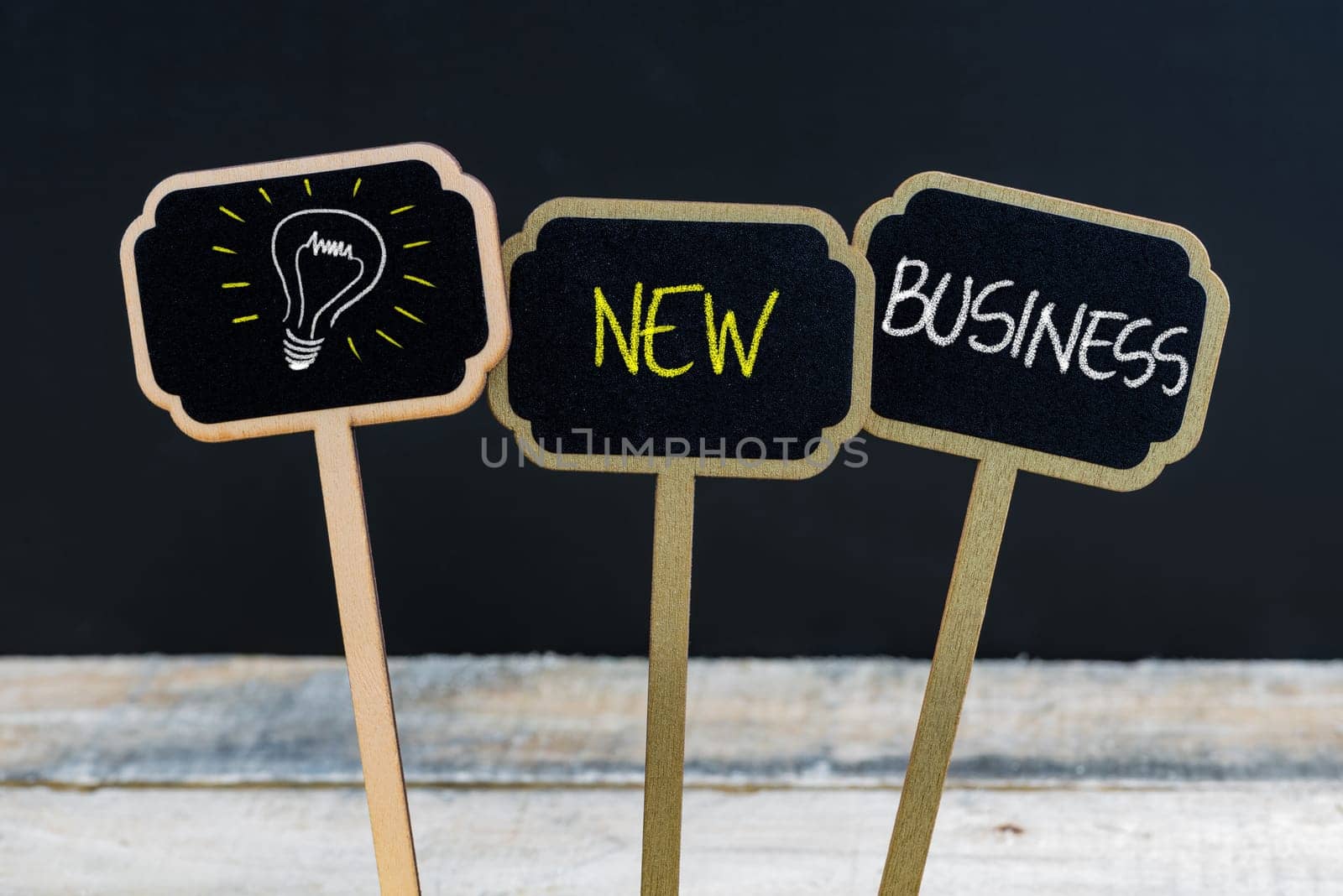Concept message NEW BUSINESS and light bulb as symbol for idea written with chalk on wooden mini blackboard labels, defocused chalkboard and wood table in background
