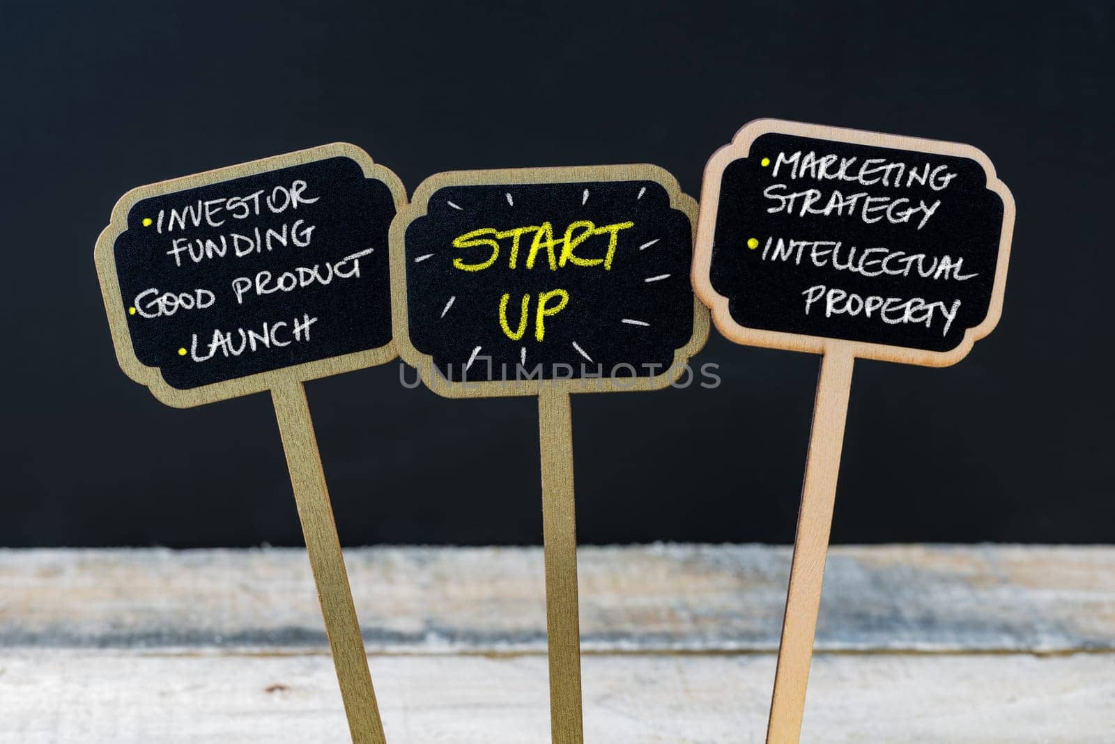 Concept message START UP written with chalk on wooden mini blackboard labels, defocused chalkboard and wood table in background