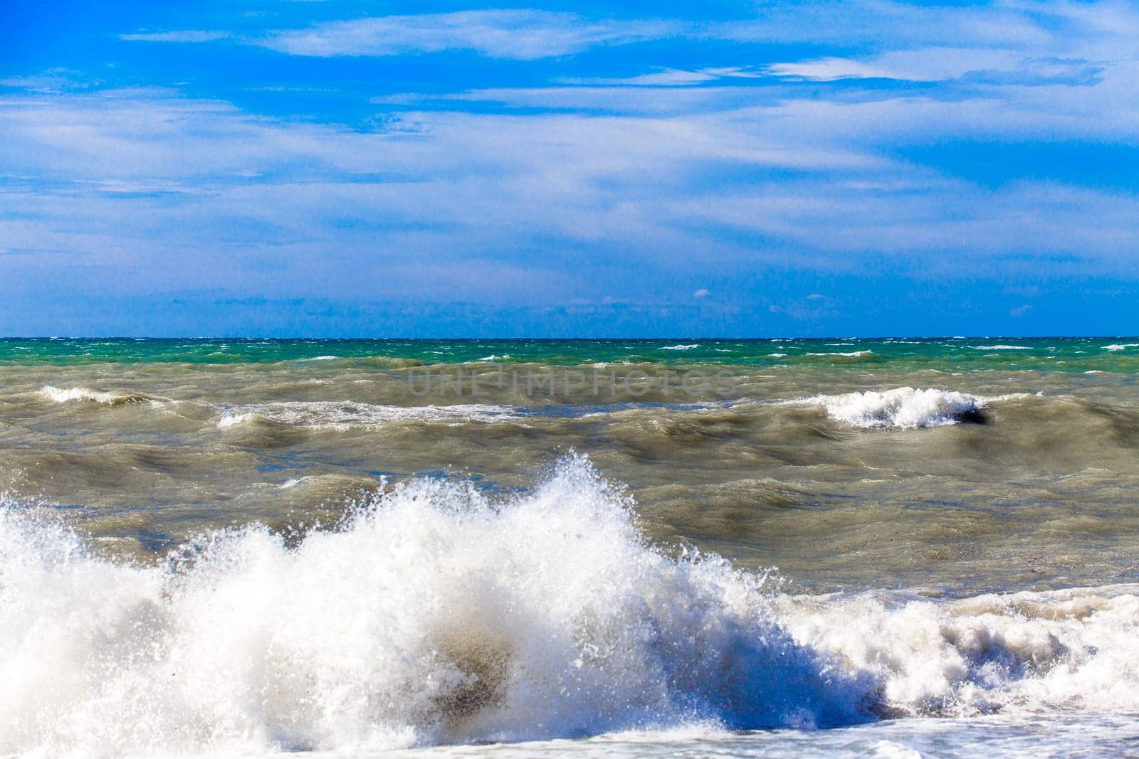 View of storm seascape.  Sea background. Waves.  waves crashing on shore