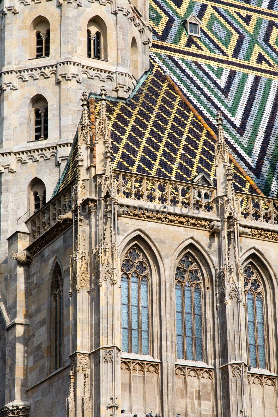 St. Stephen's Cathedral with ornately patterned, multi colored roof in Vienna, Austria