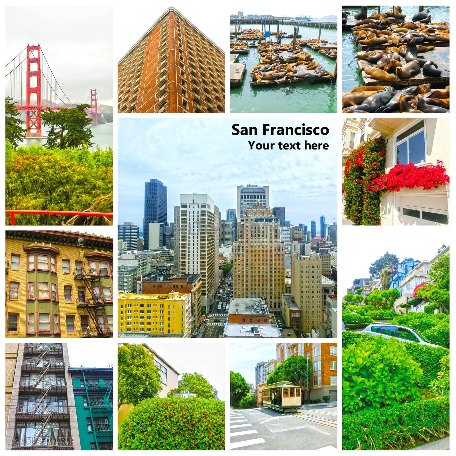 San Francisco Cityscape with Downtown Skyscrapers in a Distance. San Francisco, California, USA. Collage