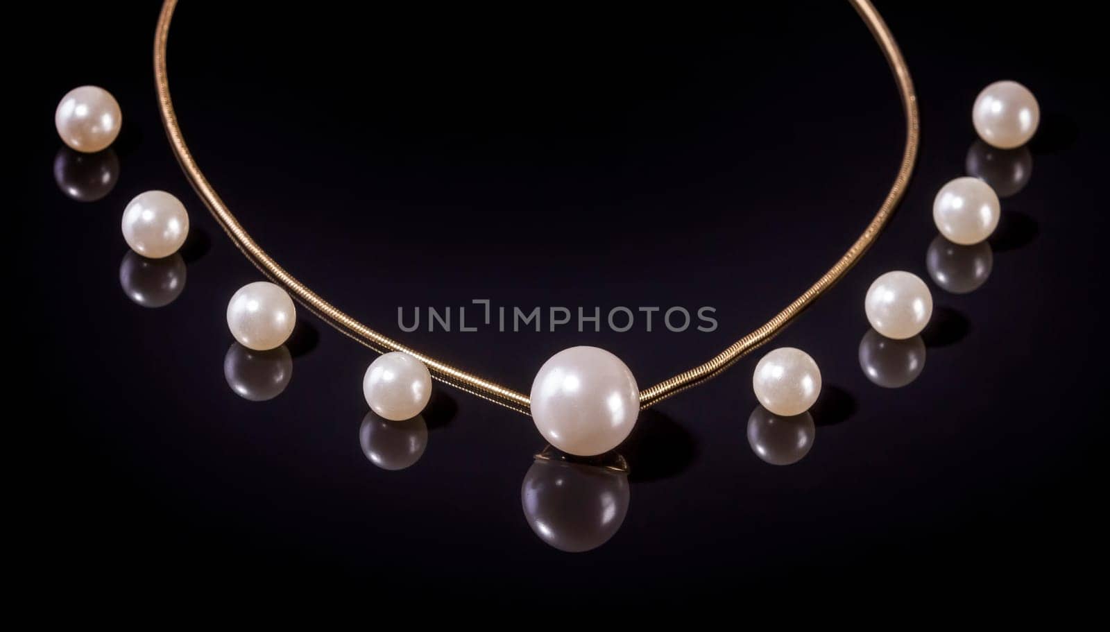 White pearls necklace on black background. Focus on the big pearl!