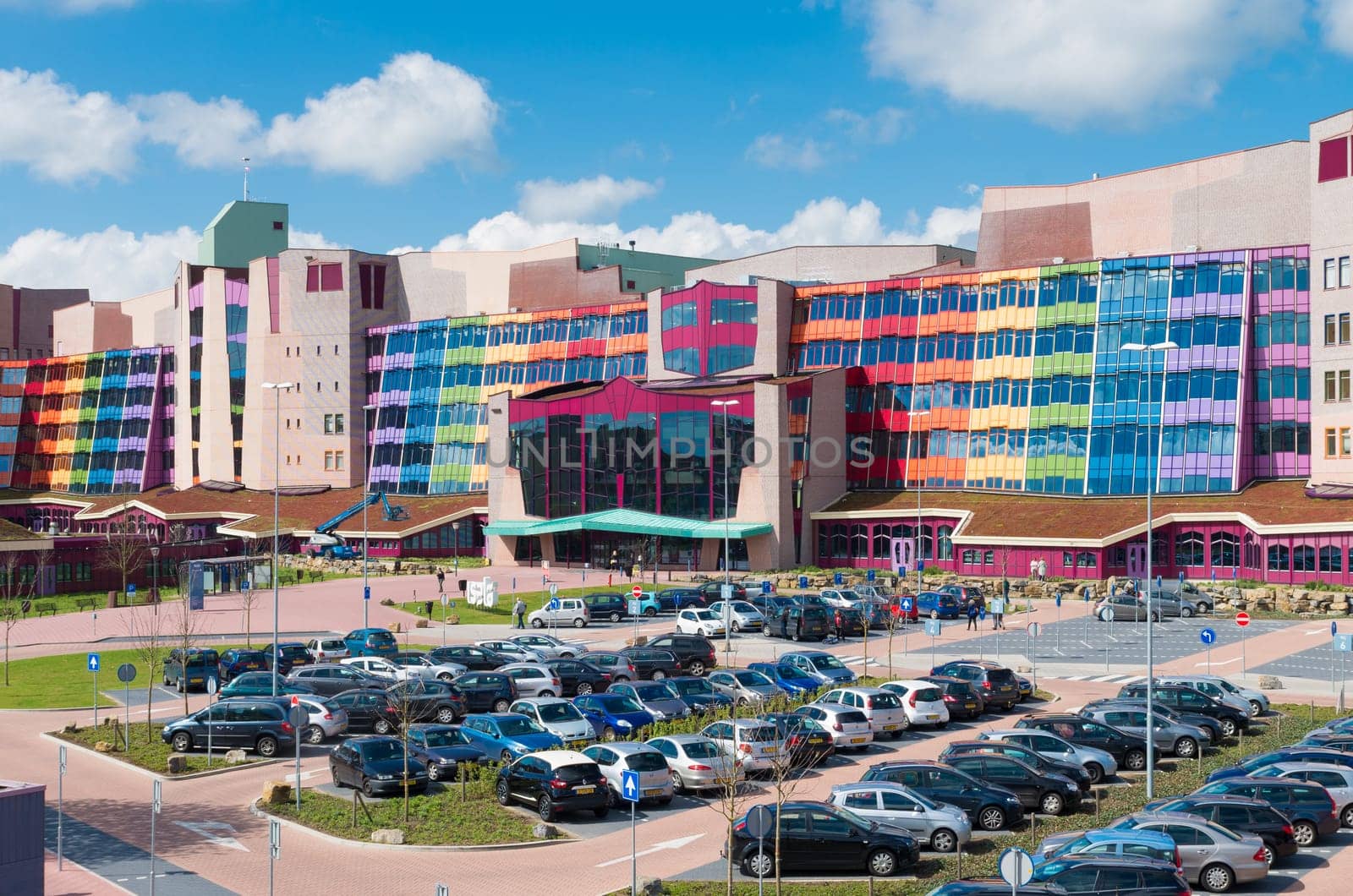 ZWOLLE, NETHERLANDS - APRIL 4, 2016: Colorful entrance of the Isala hospital. It is the largest non academic hospital in the netherlands with over 1,100 beds