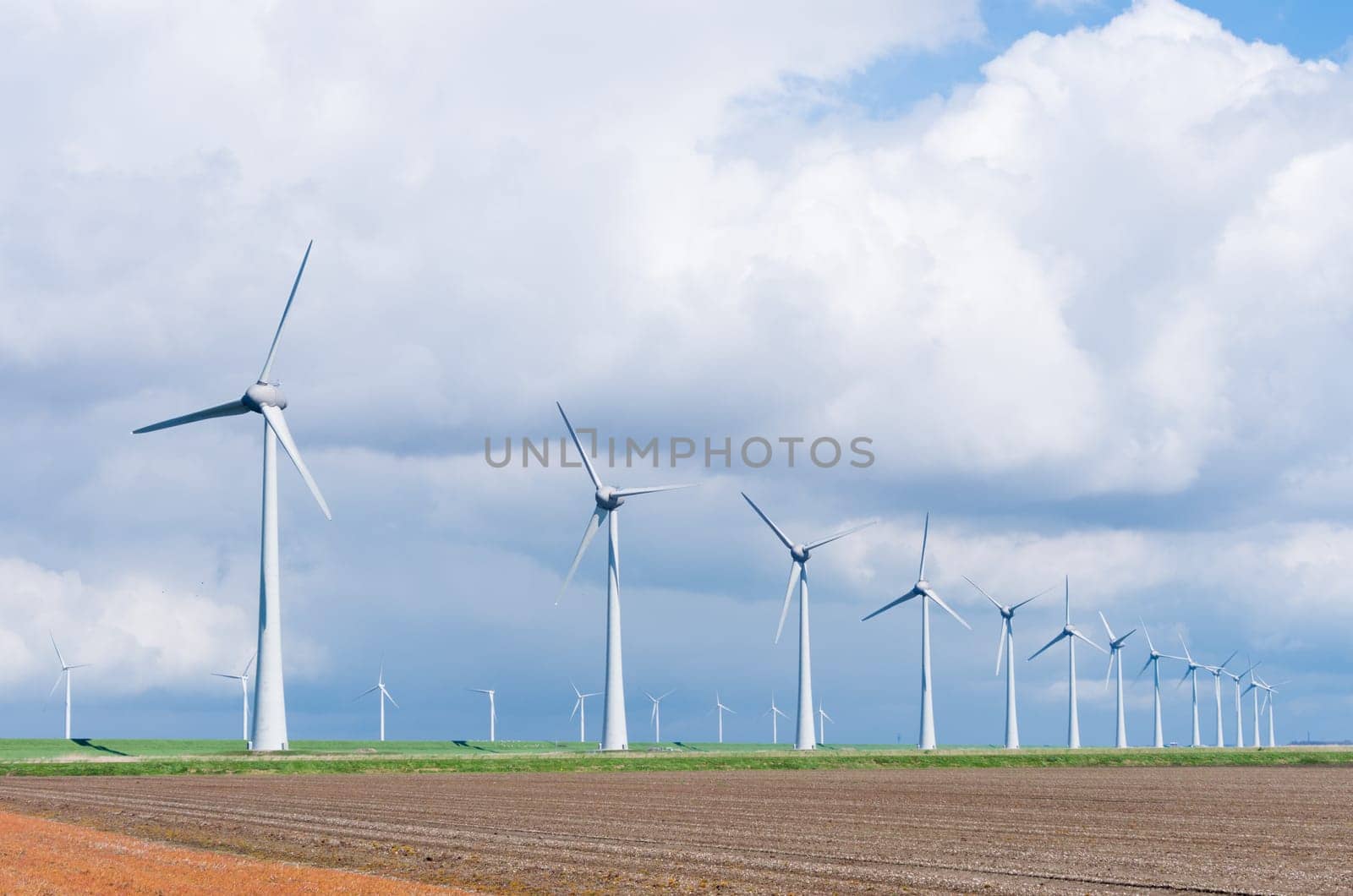 row wind turbines in an agricultural dutch landscape