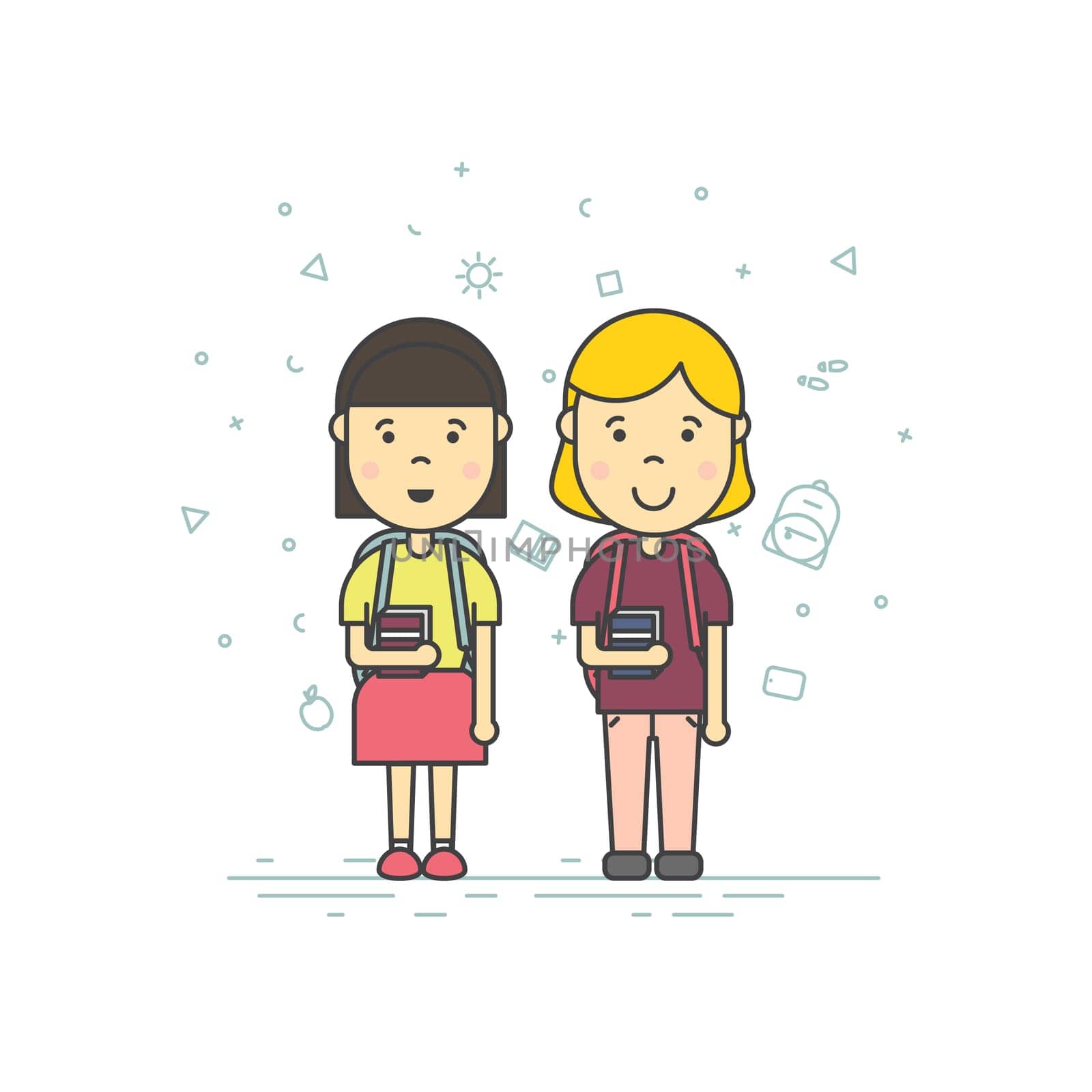 Colorful vector illustration in trendy flat linear style. Cute pupils students with backpack phone smile