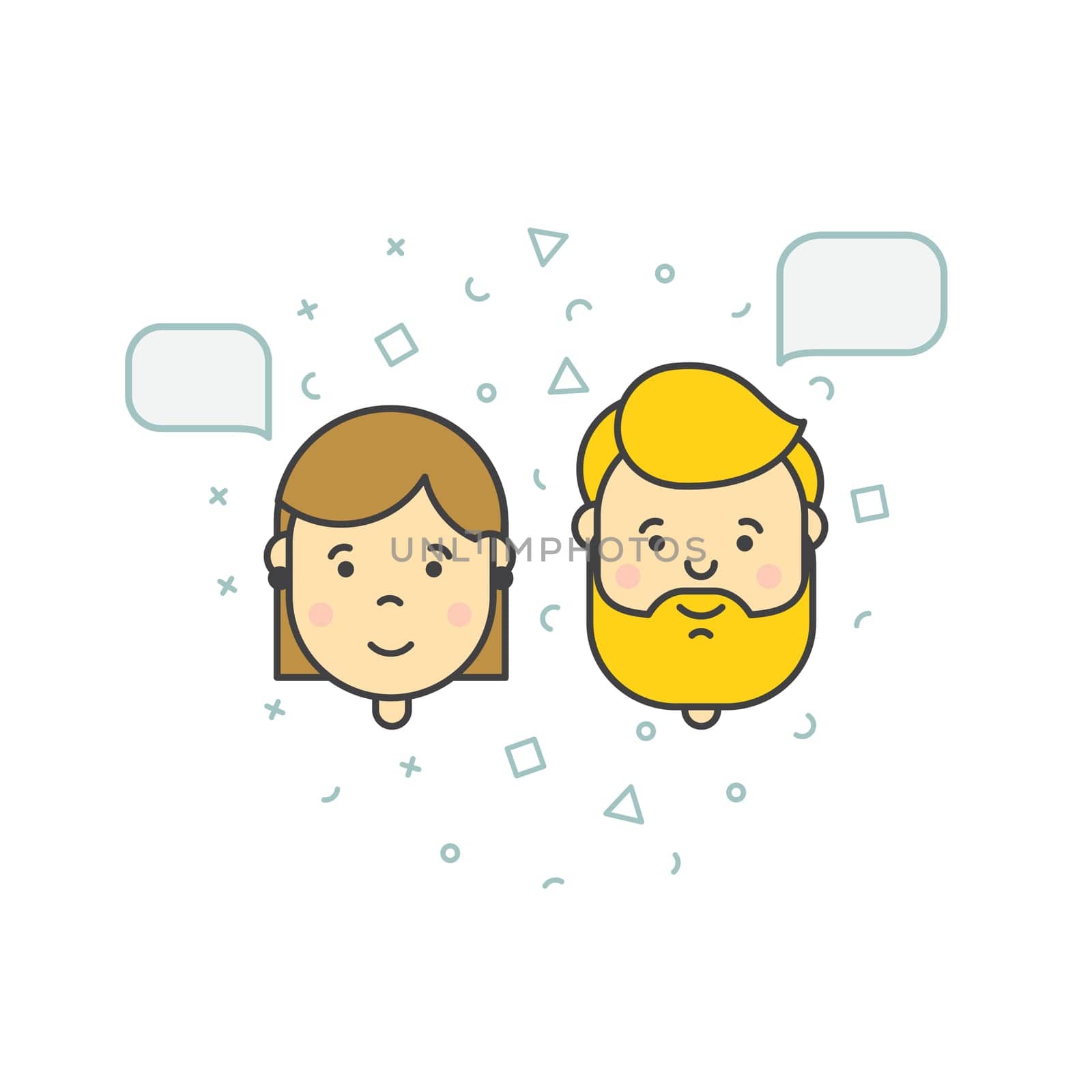 Colorful vector illustration in trendy flat linear style. Cute pupils students with backpack phone smile