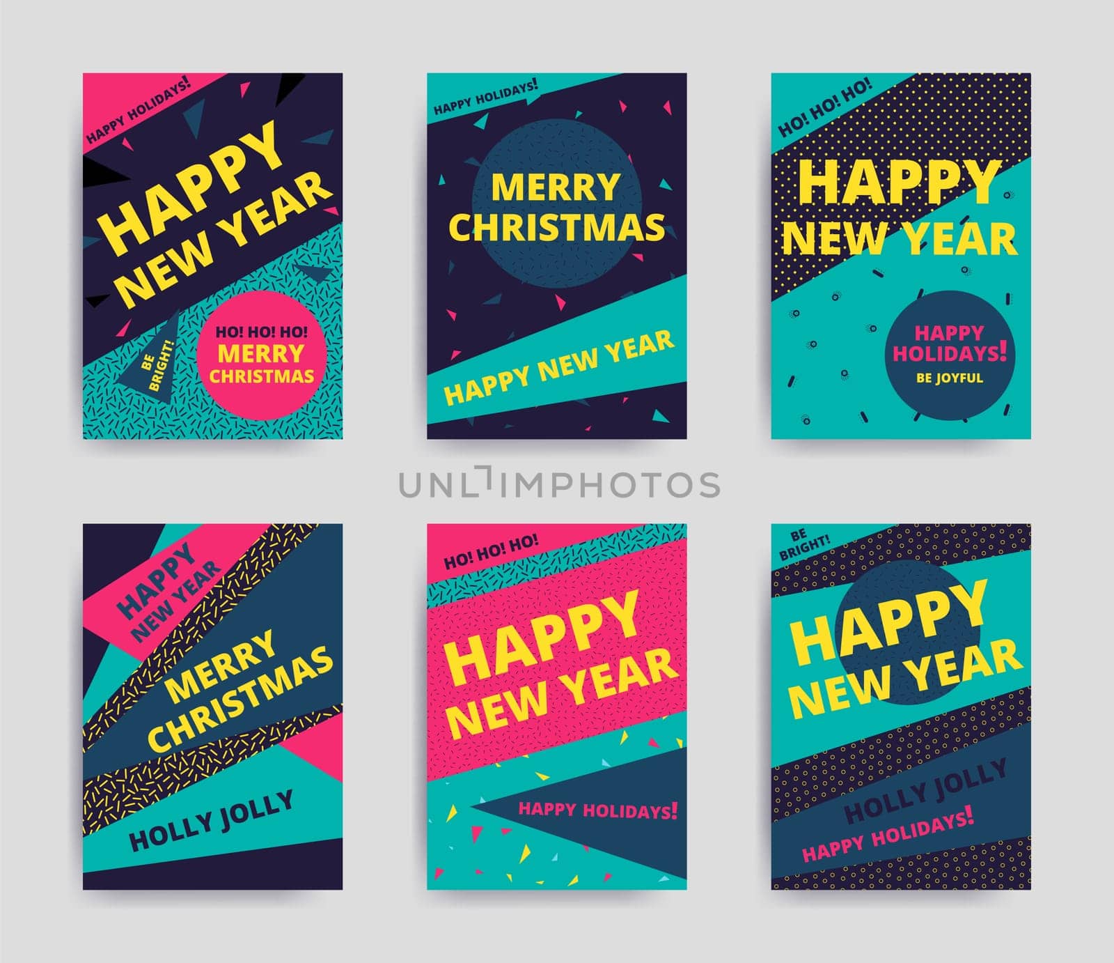Merry christmas New Year design, eye catching banner template. Bright colorful vector illustrations for greeting card, posters, print, mobile phoned designs, ads, promotional material Yellow Pink Blue